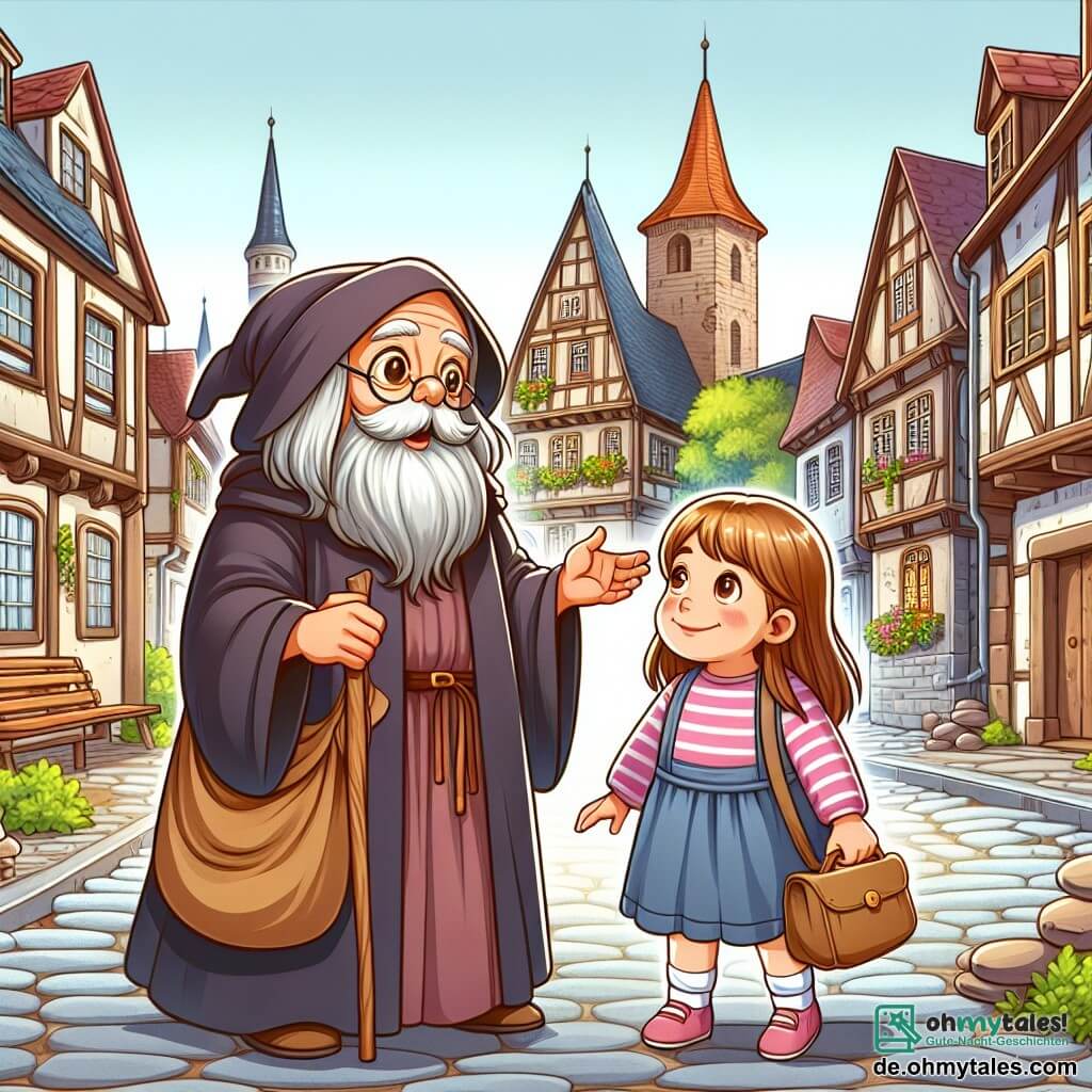Une illustration destinée aux enfants représentant une jeune fille curieuse voyageant à travers le temps, accompagnée d'un sage ancien, dans une ville médiévale aux ruelles pavées et aux maisons à colombages.