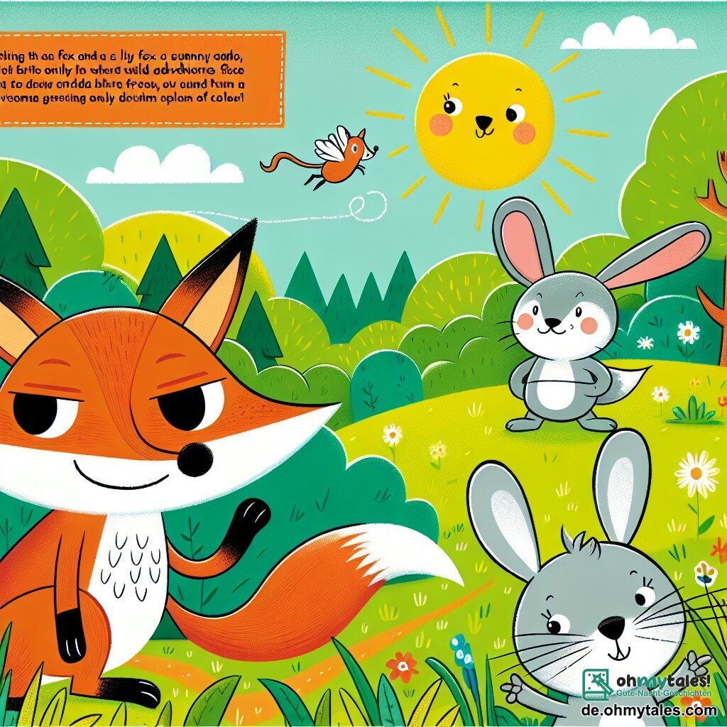 Une illustration destinée aux enfants représentant un renard malicieux, une souris grincheuse, un lapin joyeux et une clairière ensoleillée où se déroulent des aventures amusantes.