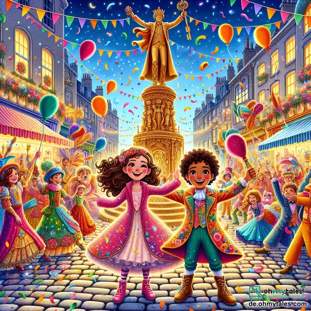 Eine Illustration zeigt eine lebendige Szene des Karnevals in einer kleinen Stadt, mit gepflasterten Straßen, die mit bunten Bannern und schwebenden Ballons geschmückt sind. In der Mitte steht eine große majestätische Statue, die Freude und Mut symbolisiert, umgeben von leuchtenden Blumen und funkelnden Lichtern. Zwei Mädchen, etwa 10 Jahre alt, stehen vor der Statue. Eines hat lange lockige Haare und trägt ein glitzerndes rosa Kleid, lächelt begeistert und hält einen großen goldenen Schlüssel in der Hand. Das andere Mädchen hat glattes braunes Haar und trägt ein buntes Outfit mit Blumenmustern, mit einem Ausdruck von Neugier und Staunen. Die beiden Mädchen sind von einer fröhlichen Menge umgeben, Kinder und Erwachsene in auffälligen Kostümen tanzen und lachen. Konfetti fliegt durch die Luft und verleiht der Atmosphäre eine festliche Note. Im Hintergrund beleben Essensstände und Straßenkünstler die Szene, während ein strahlend blauer Himmel alles erleuchtet und eine festliche und abenteuerliche Stimmung schafft.