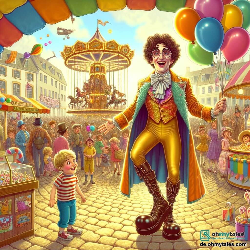Illustration einer lebhaften Szene eines Festivals in einer sonnigen Kleinstadt. Der Ort ist mit bunten Ständen, schwebenden Ballons und fröhlichen Familien gefüllt, im Hintergrund dreht sich ein großer Karussell, geschmückt mit funkelnden Lichtern. 

Im Mittelpunkt steht ein komisch aussehender Mann in einem extravaganten, farbenfrohen Kostüm, mit einem glänzenden Umhang und Stiefeln, die bei jedem Schritt quietschen. Sein Gesicht ist fröhlich, mit einem breiten Lächeln und runden Brillen, die ihm von der Nase rutschen. Er hebt die Arme, konzentriert, während er versucht, einen Süßigkeitenstand in eine riesige Schokoladenskulptur zu verwandeln.

Neben ihm steht ein etwa 10-jähriger Junge mit zerzausten Haaren und einem gestreiften T-Shirt, der mit weit aufgerissenen Augen zuschaut. Er hält einen Ballon in Tierform und scheint von der Szene begeistert zu sein.

Im Hintergrund gestikuliert ein exzentrisch aussehender Mann, der "Zucker-Zauberer", umgeben von Zuckerwattewolken, mit einem schockierten Gesichtsausdruck. Schokoladensplitter fallen um sie herum und schaffen eine sowohl magische als auch komische Atmosphäre.

Kinder lachen und applaudieren, was zur festlichen Stimmung beiträgt, während bunte Konfetti in der Luft schweben und die Szene noch fröhlicher und dynamischer machen.