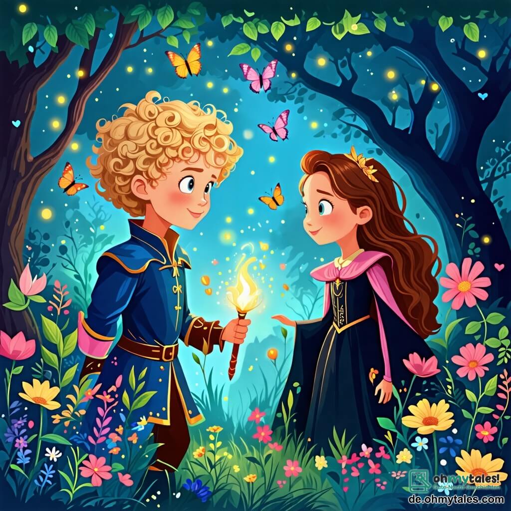 Une illustration sous forme de dessin destinée aux enfants représentant un jardin enchanté rempli de fleurs colorées et de papillons scintillants, où un jeune prince aux cheveux blonds bouclés et à la tunique bleue brillante, avec un regard déterminé, se tient face à une sorcière maléfique au sourire sournois, vêtue d'une robe noire et entourée d'ombres menaçantes, tandis qu'une princesse aux longs cheveux bruns et à la robe rose, cachée derrière un arbre, observe avec espoir, alors que le prince brandit un magique bâton lumineux pour défendre son amour et vaincre le mal.