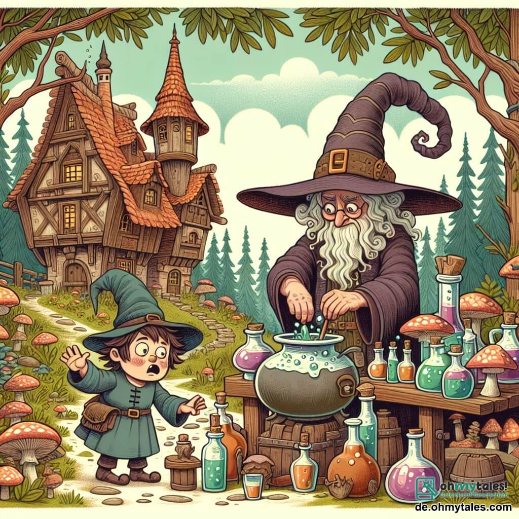 Une illustration destinée aux enfants représentant un jeune apprenti sorcier maladroit concoctant des potions magiques farfelues, accompagné d'une excentrique hexe au grand chapeau, dans le pittoresque village de Zauberwald, où les maisons en forme de champignons se dressent parmi les arbres enchantés.