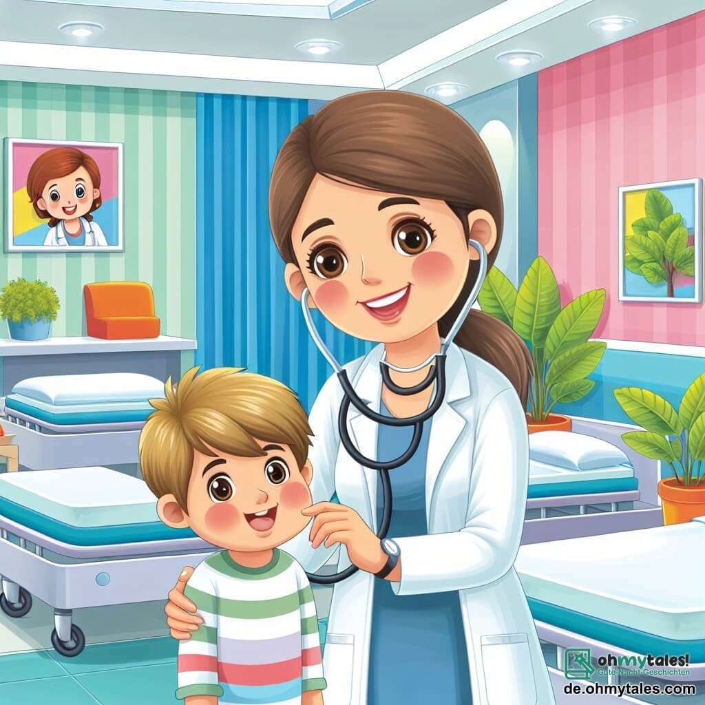 Une illustration destinée aux enfants représentant une femme médecin souriante, aidant un petit garçon à l'hôpital, entourés de lits blancs et de plantes vertes, dans une lumineuse salle de consultation aux murs colorés.