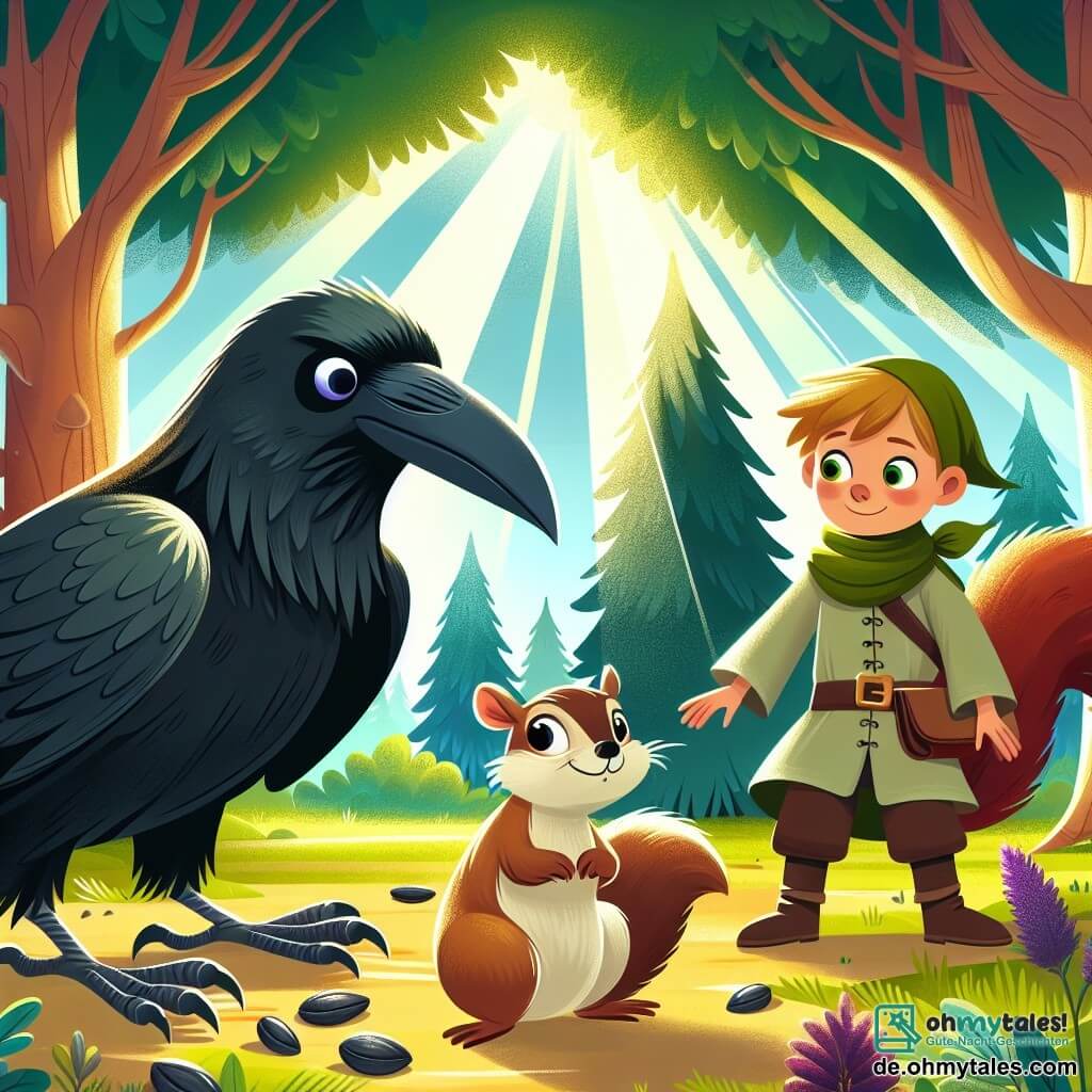 Une illustration destinée aux enfants représentant un corbeau espiègle, un écureuil maladroit et un jeune garçon, se déroulant dans une clairière ensoleillée du bois enchanté, où les rayons du soleil filtrent à travers les feuilles vertes et chatoyantes.