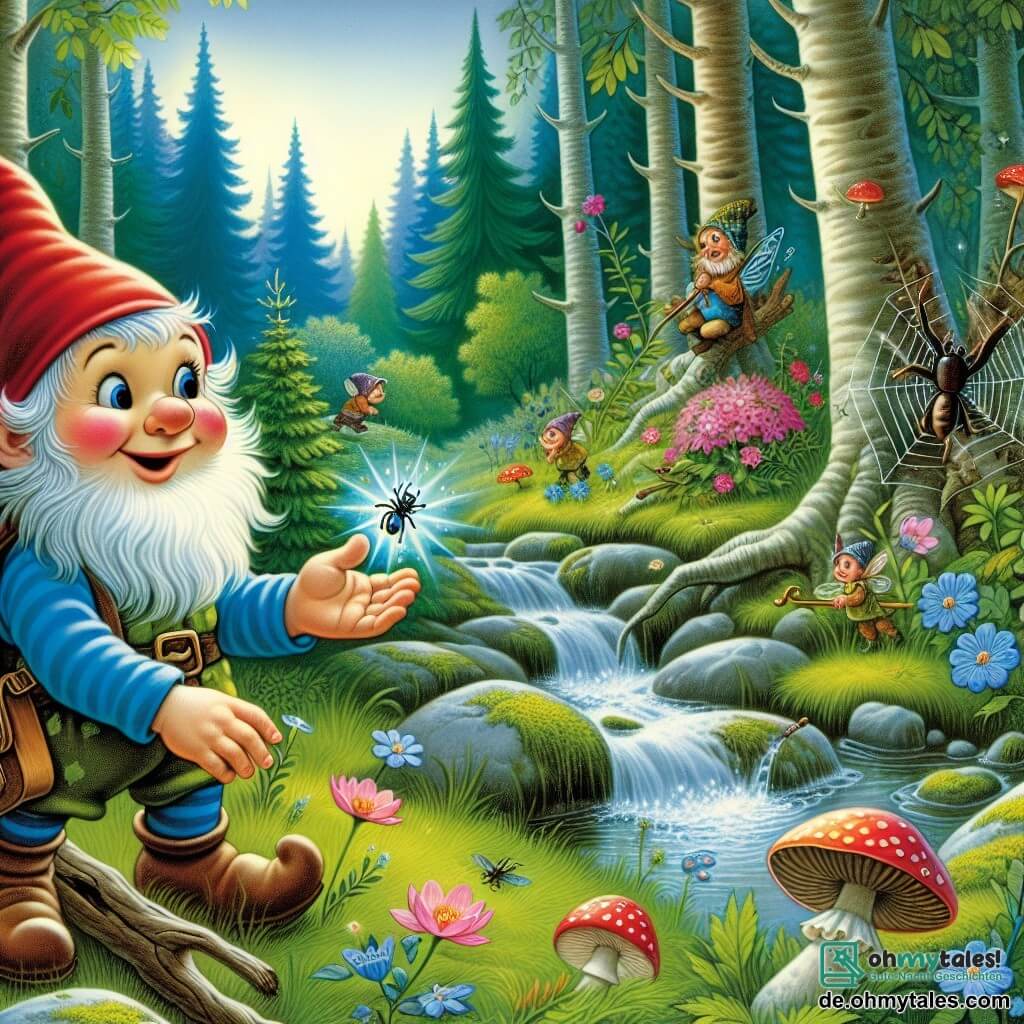 Une illustration destinée aux enfants représentant un lutin malicieux, accompagné de ses amis lutins, sauvant un petit insecte brillant pris dans une toile d'araignée, dans une clairière enchantée remplie de grands arbres, de ruisseaux et de fleurs chantantes.