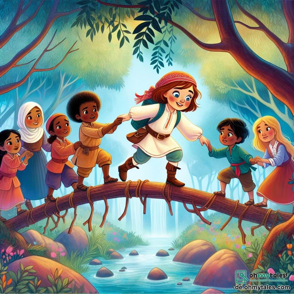 Une illustration destinée aux enfants représentant une jeune fille aventurière sur le point de franchir un pont de branches et de pierres, aidée par ses amis garçons et filles, dans un magnifique et mystérieux verger enchanté aux couleurs vives et aux arbres dansants.