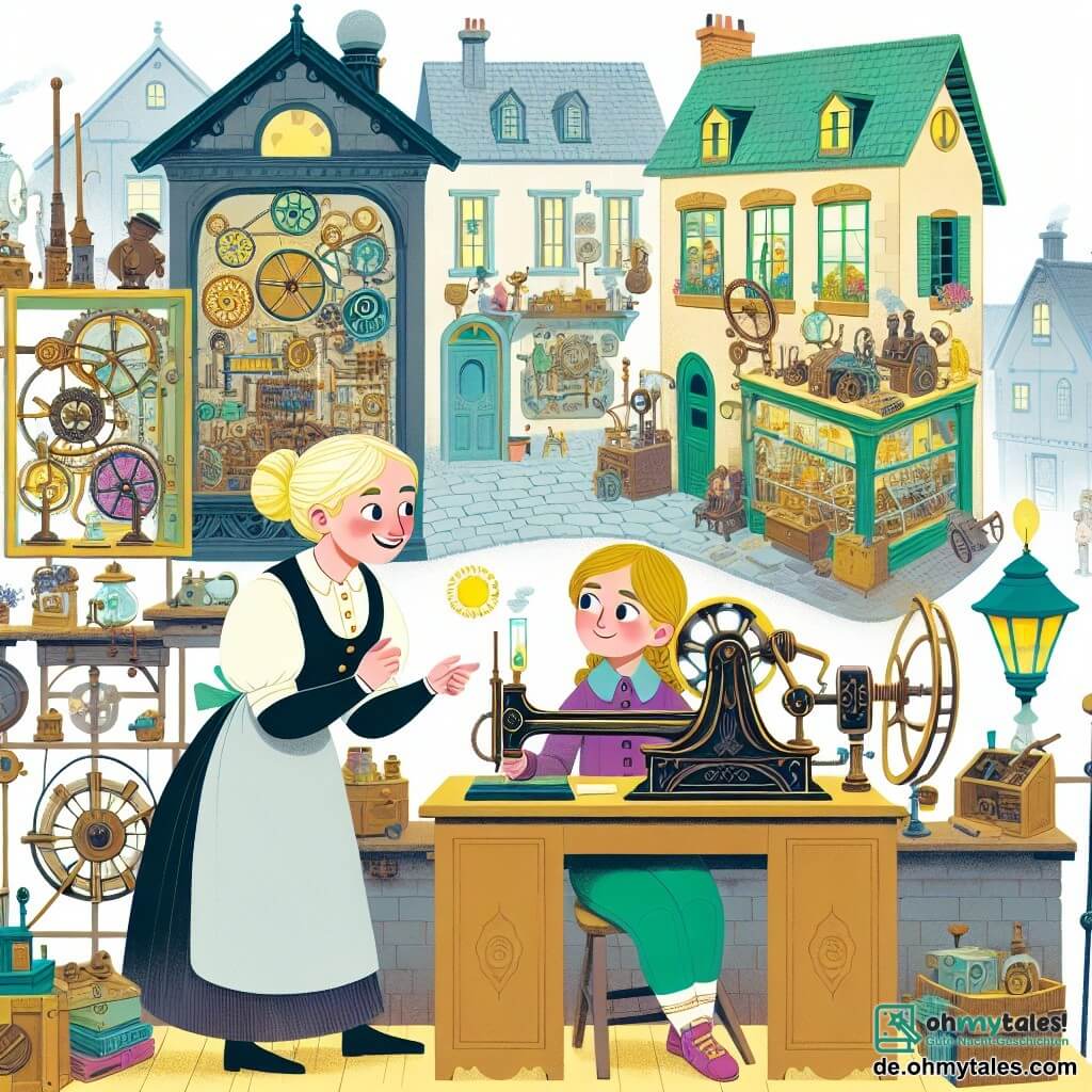 Une illustration destinée aux enfants représentant une jeune fille curieuse et pleine d'énergie, travaillant avec une inventrice bienveillante dans une charmante boutique remplie de machines étranges et colorées, située dans un petit village pittoresque.