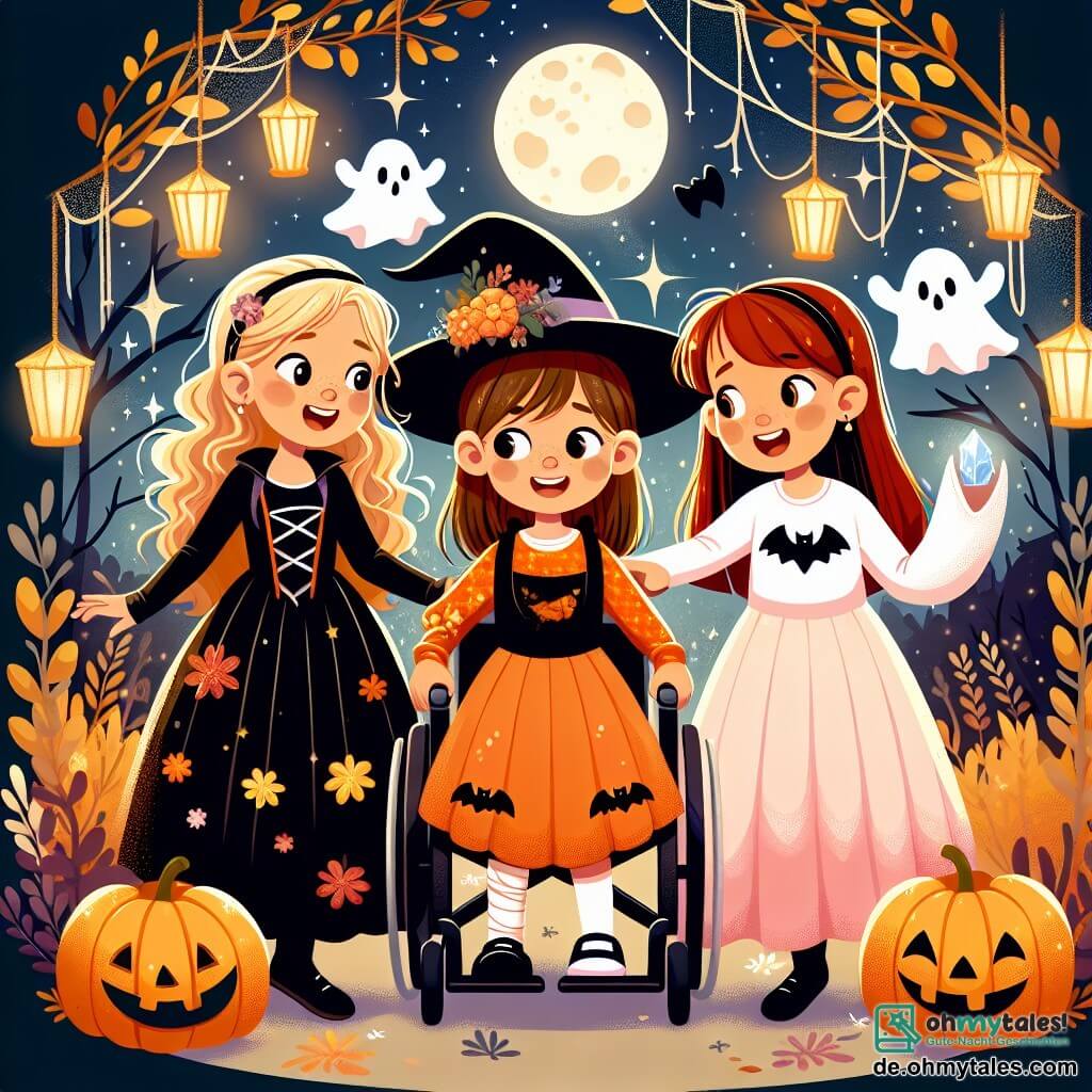 Eine Illustration eines verzauberten Gartens, der für Halloween dekoriert ist, mit Bäumen mit goldenen Blättern und Kürbislaternen, die den Weg erleuchten. In der Mitte stehen drei etwa 10-jährige Mädchen Hand in Hand. Das erste Mädchen hat lockige blonde Haare und trägt ein schwarzes Hexenkostüm mit einem spitzen Hut und lächelt fröhlich. Das zweite Mädchen hat glattes braunes Haar und trägt ein oranges Kleid mit Fledermausmotiven und schaut staunend auf einen leuchtenden Kristall, den sie in den Händen hält. Das dritte Mädchen, im Rollstuhl, hat rote Haare und trägt ein Gespensterkostüm mit einem weißen Tuch und lacht, während sie auf den sternenklaren Himmel zeigt. Im Hintergrund schweben Halloween-Dekorationen wie Spinnweben und Papiergespenster in der Luft und schaffen eine magische und festliche Atmosphäre.