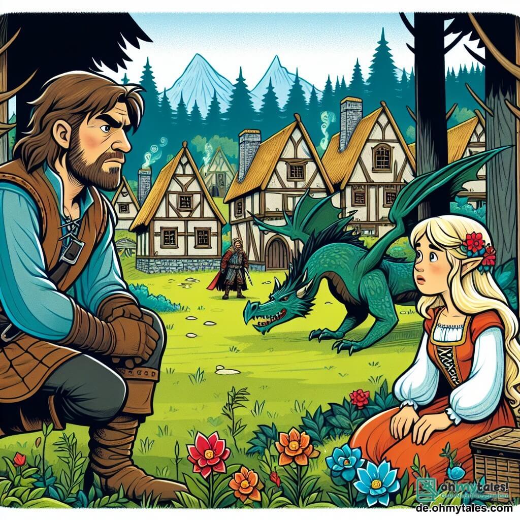 Une illustration destinée aux enfants représentant un homme courageux affrontant un dragon avec l'aide d'une elfe fille dans un village pittoresque entouré d'un dense et mystérieux bois.