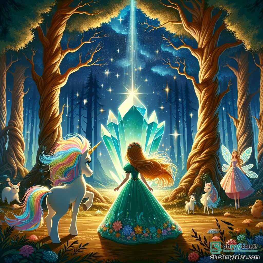 Illustration einer magischen Szene in einem verwunschenen Wald, wo große Bäume mit knorrigen Stämmen in einen sternenübersäten Himmel ragen, ihre Blätter funkeln wie Sterne. In der Mitte steht eine junge Prinzessin mit langen, goldenen Haaren, die im Wind wehen, und trägt ein smaragdgrünes Kleid, das mit bunten Blumen verziert ist. Sie steht mutig vor einem großen leuchtenden Kristall, der ein sanftes Licht ausstrahlt, ihre Augen glänzen vor Entschlossenheit und Neugier.

An ihrer Seite schaut ein kleines Einhorn mit strahlend weißem Fell und einer Regenbogenmähne bewundernd zu ihr auf, bereit, ihr bei ihrer Suche zu helfen. Im Hintergrund beobachten Silhouetten magischer Kreaturen, wie Feen mit funkelnden Flügeln und Waldbewohner, die Szene mit ermutigenden Ausdrücken.

Die Hauptsituation zeigt die Prinzessin, die sich entschlossen vor den Kristall stellt, bereit, dem bösen Zauberer, der im Schatten lauert, entgegenzutreten, während ein goldener Lichtkranz sie umgibt, was ihren Mut und ihre innere Stärke symbolisiert. Magische Funken schweben in der Luft und verleihen dieser fesselnden Szene einen Hauch von Geheimnis und Staunen.