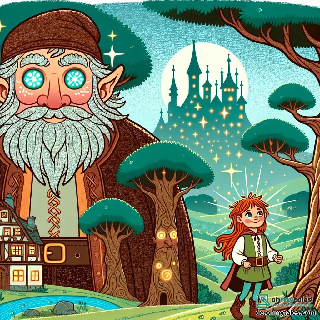 Une illustration destinée aux enfants représentant un géant bienveillant aux yeux pétillants, une courageuse petite fille, Felix, et un mystérieux et enchanteur village entouré de majestueux arbres centenaires.