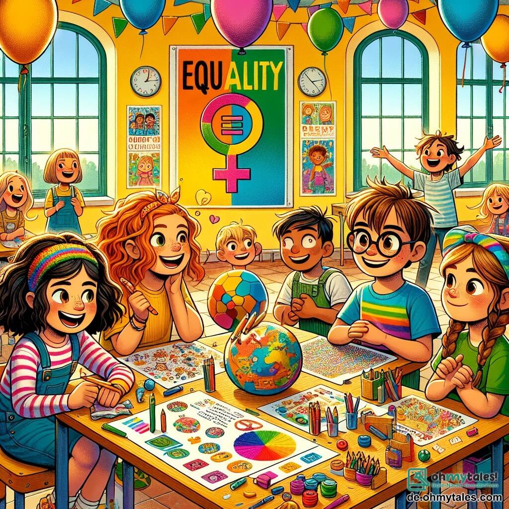 Illustration einer großen, hellen Schulklasse mit gelben Wänden und Fenstern, die Sonnenlicht hereinlassen. In der Mitte zeigt ein großes, buntes Plakat Slogans zur Geschlechtergleichheit, umgeben von bunten Ballons, die in der Luft schweben. Im Vordergrund stehen vier Kinder: Ein Mädchen mit langen, lockigen Haaren und einem bunten Stirnband lächelt begeistert und hält ein großes Blatt mit Zeichnungen. Neben ihr schaut ein anderes Mädchen mit kurzer Frisur und Brille bewundernd auf das Plakat, einen Stift in der Hand. Ein Junge mit unordentlichen braunen Haaren und einem gestreiften T-Shirt lacht, während er einen Ball hält, bereit für ein Spiel. Schließlich beobachtet ein weiteres Mädchen mit geflochtenen Haaren und schüchternem Lächeln die anderen und hält ein kleines Notizbuch, in das sie Ideen schreibt. Die Szene zeigt die Aufregung eines schulischen Events zur Geschlechtergleichheit, bei dem die Kinder fröhlich zusammenarbeiten, um zu spielen und zu lernen. Bunte Spiele sind um sie herum angeordnet, und Klassenkameraden versammeln sich, um zuzuhören. Die Atmosphäre ist voller Freude, Freundschaft und positiver Energie und verdeutlicht die Bedeutung von Gleichheit und Teamarbeit.