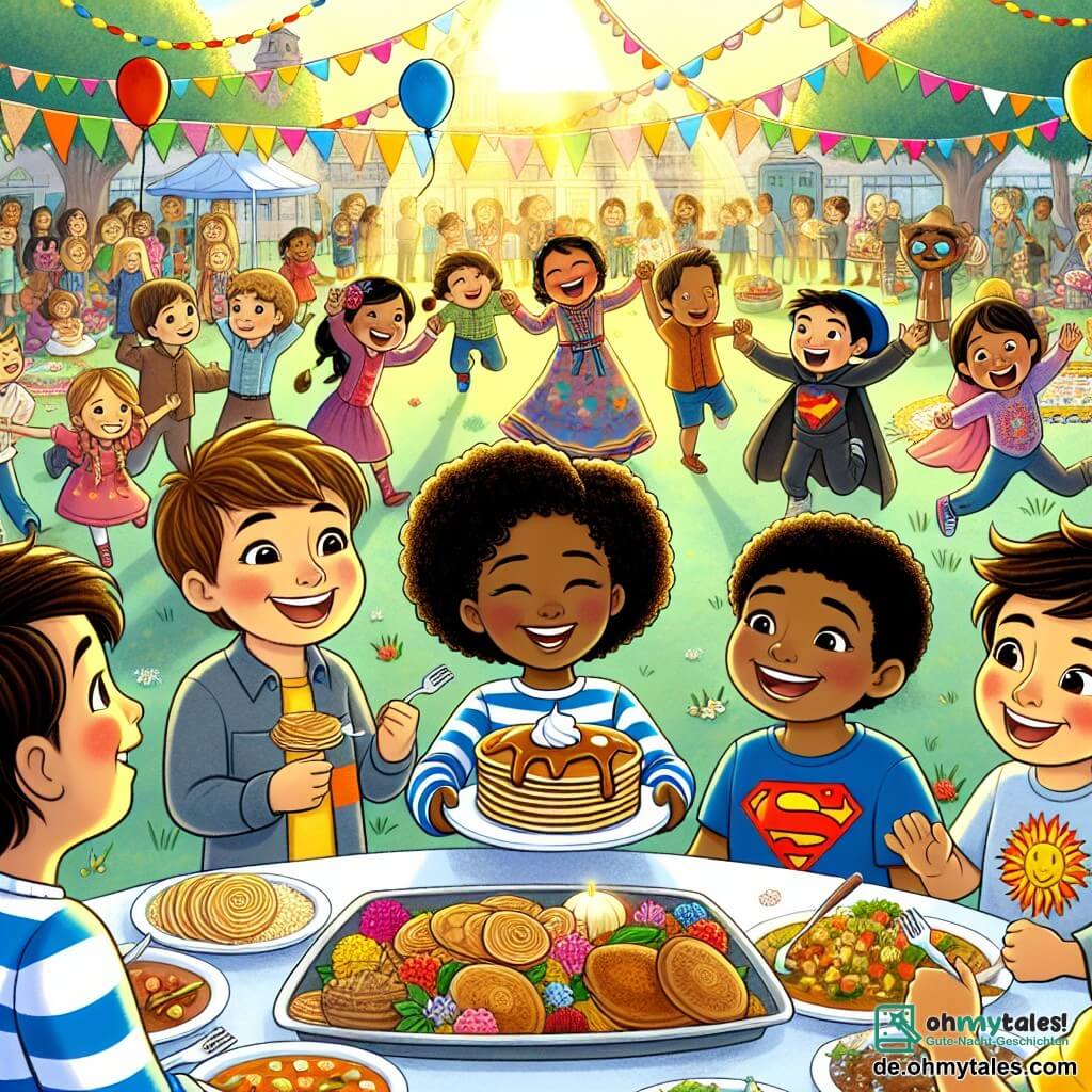 Illustration einer lebhaften Szene auf einem sonnigen Schulhof, geschmückt mit bunten Ballons und festlichen Girlanden. In der Mitte versammelt sich eine Gruppe von Kindern unterschiedlicher Herkunft um einen großen Tisch, der mit verschiedenen Gerichten gedeckt ist und die kulturelle Vielfalt symbolisiert. Ein zehnjähriger Junge mit lockigem braunem Haar und einem gestreiften Hemd lächelt fröhlich, während er einen Teller mit Crêpes hält. Neben ihm steht ein zehnjähriger Junge mit dunkler Haut und kurzen Haaren, der ein T-Shirt mit einem Superhelden trägt und begeistert ein traditionelles Gericht seiner Kultur betrachtet. Hinter ihnen lachen andere Kinder unterschiedlicher ethnischer Herkunft und tauschen Gerichte aus, was eine Atmosphäre von Kameradschaft und Teilen schafft. Die Stimmung ist festlich, mit Lachen und Stimmengewirr, während eine Gruppe von Kindern im Hintergrund scheint, sich zu entschuldigen und näher zu kommen, was einen Wandel der Einstellung zeigt. Zusätzliche grafische Elemente umfassen Zeichnungen von Tieren, die im Park spielen, bunte Blumen rund um den Hof und Kinder, die fröhlich tanzen, was Einheit und Freundschaft über Unterschiede hinweg illustriert.
