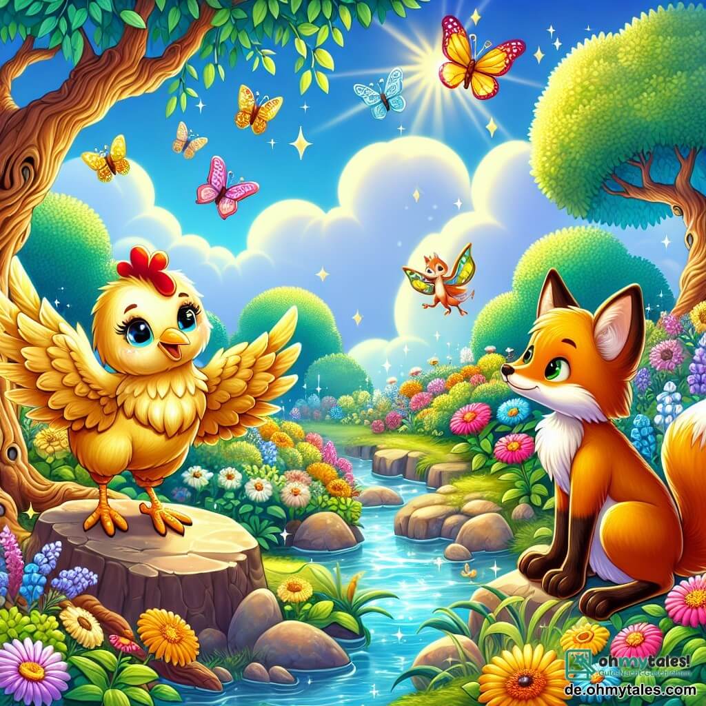 Eine Illustration zeigt eine magische Szene in einem geheimen Garten, gefüllt mit leuchtenden Blumen in kräftigen Farben, großen, knorrigen Bäumen und einem funkelnden kleinen Bach, der sich durch die Landschaft schlängelt. Im Zentrum steht ein mutiges Huhn mit goldenen Federn und einem entschlossenen Blick auf einem kleinen Felsen, die Flügel leicht ausgebreitet, bereit, sich ins Abenteuer zu stürzen. In der Nähe beobachtet ein schlauer Fuchs mit rotem Fell und schelmischen Augen das Huhn, auf seinen Hinterbeinen sitzend, mit einem frechen Lächeln im Gesicht. Das Huhn, voller Tapferkeit, löst ein Rätsel, das der Fuchs gestellt hat, während bunte Schmetterlinge um sie herumfliegen und der Atmosphäre einen Hauch von Magie verleihen. Im Hintergrund ist der Himmel strahlend blau, durchzogen von flauschigen weißen Wolken, und Sonnenstrahlen brechen durch das Laub und erhellen die Szene mit einem sanften goldenen Licht.
