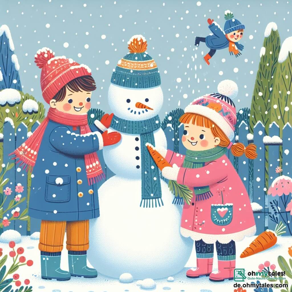 Une illustration sous forme de dessin destinée aux enfants représentant un jardin enneigé, avec un groupe d'enfants de 3 ans, dont un garçon aux cheveux bruns, vêtu d'un manteau bleu et d'un bonnet rouge, qui roule un gros bonhomme de neige, tandis qu'une fille aux cheveux blonds, portant un manteau rose et un écharpe colorée, ajoute une carotte pour la nez du bonhomme, entourés de rires et de flocons de neige tombants, créant une atmosphère joyeuse et hivernale.