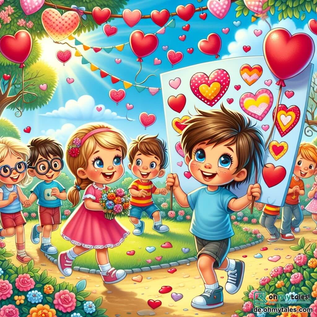 Eine Illustration zeigt einen sonnigen Park, der für den Valentinstag dekoriert ist, mit blühenden Bäumen, roten und rosa Herzgirlanden und fröhlich spielenden Kindern. In der Mitte hält ein 11-jähriger Junge mit zerzausten braunen Haaren, der ein blaues T-Shirt und Shorts trägt, ein großes buntes Schild mit der Aufschrift „Wer hat das Geheimnis geschrieben?“. Sein Gesicht strahlt vor einem schelmischen Lächeln und seine Augen funkeln vor Aufregung. Neben ihm beobachtet ein 11-jähriges Mädchen mit geflochtenen blonden Haaren, das ein pinkes Kleid trägt, neugierig und mit einem leichten Lächeln, während ein anderer 11-jähriger Junge mit runden Brillen und braunen Haaren etwas im Hintergrund steht, schüchtern, aber interessiert an der Szene. Die Hauptsituation zeigt die Gruppe von Kindern, die sich um das Schild versammelt hat, diskutierend und lachend, während herzförmige Ballons am blauen Himmel schweben und eine festliche, fröhliche Atmosphäre schaffen.