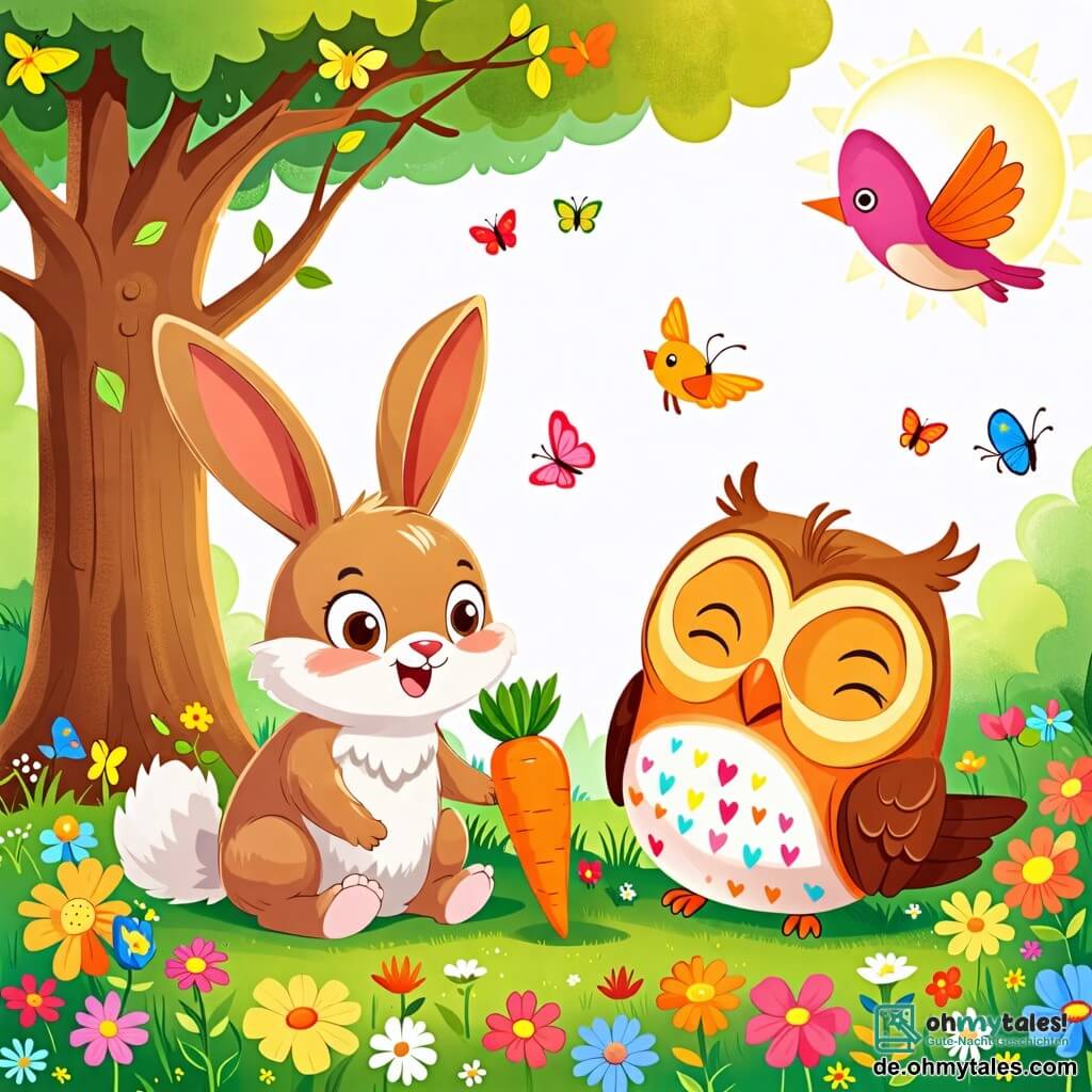 Une illustration sous forme de dessin destinée aux enfants représentant un champ ensoleillé dans une forêt colorée, où un petit lapin aux grandes oreilles et au pelage doux et brun est assis joyeusement sous un arbre, partageant une énorme carotte orange avec une sage chouette aux plumes blanches et un oiseau joyeux aux couleurs vives, tandis qu'ils rient ensemble, entourés de fleurs éclatantes et de papillons virevoltants, illustrant l'importance de l'amitié et du partage.