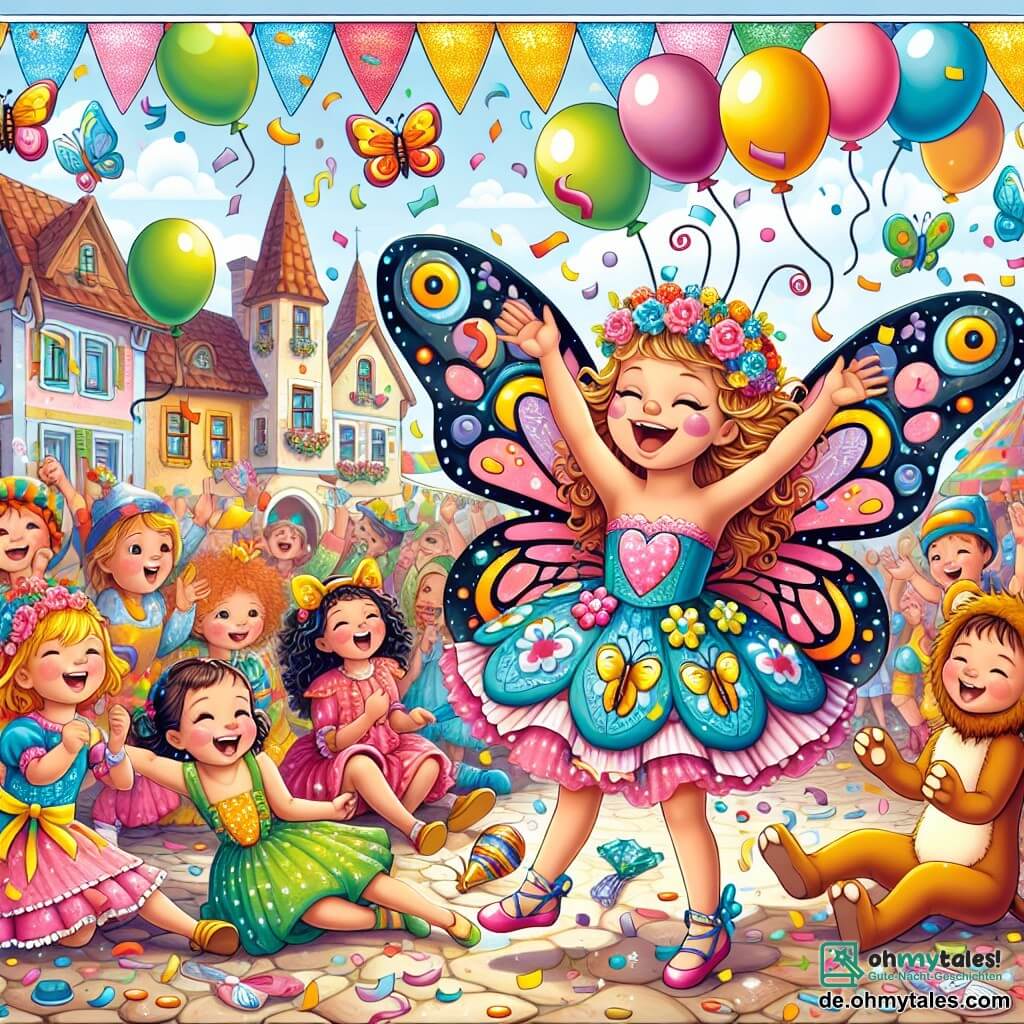 Une illustration sous forme de dessin destinée aux enfants représentant une scène colorée d'un carnaval dans un petit village, avec une fille de 5 ans aux cheveux longs et bouclés, habillée en schmetterlingsfee avec des ailes brillantes, qui danse joyeusement au milieu de la foule, entourée de plusieurs enfants déguisés en animaux, dont un petit garçon en lion et une petite fille en papillon, tous riant et s'amusant ensemble, tandis que des ballons colorés flottent dans le ciel et que des confettis tombent autour d'eux, créant une atmosphère festive et joyeuse.