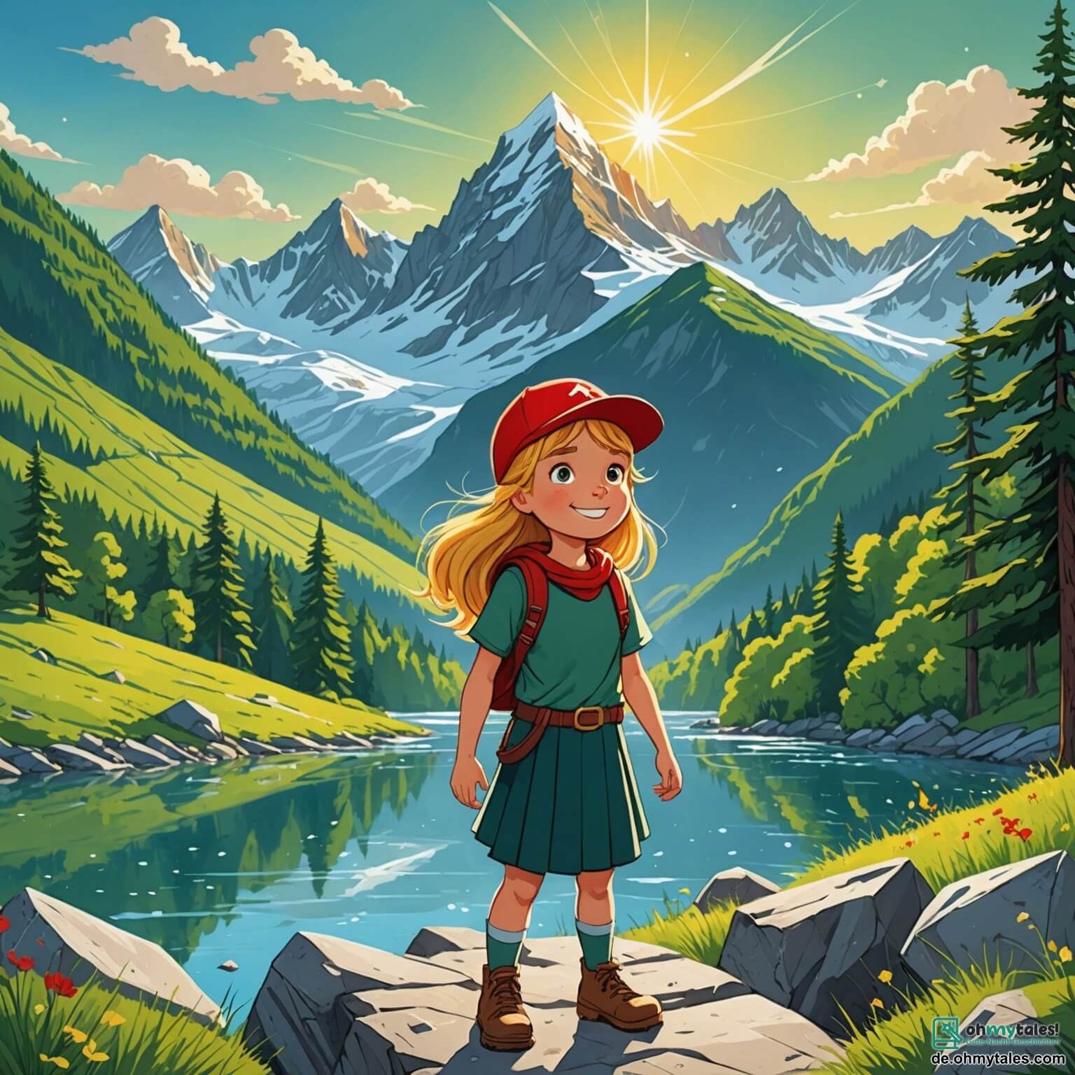 Une illustration destinée aux enfants représentant une fille aux cheveux dorés comme les rayons du soleil, déterminée et pleine de courage, se tenant devant une immense montagne aux sommets enneigés, défiant l'impossible de l'escalader, tandis qu'à ses côtés, un garçon aux yeux pétillants et à la casquette rouge l'encourage avec un sourire, le tout se déroulant dans un paysage enchanteur de forêts verdoyantes et de rivières scintillantes sous un ciel bleu azur.