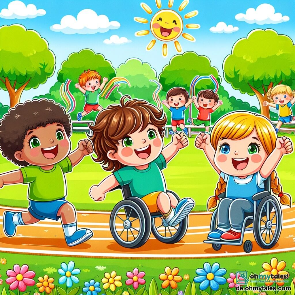 Une illustration sous forme de dessin destinée aux enfants représentant un parc ensoleillé avec des fleurs colorées et des arbres verdoyants, où un groupe d'enfants de 5 ans, composé de deux garçons aux cheveux bruns et bouclés, l'un courant joyeusement et l'autre dans un fauteuil roulant souriant, ainsi qu'une fille aux cheveux blonds tressés applaudissant, participent à un jeu de course, illustrant la confiance en soi et l'amitié, avec des rires et des encouragements flottant dans l'air.