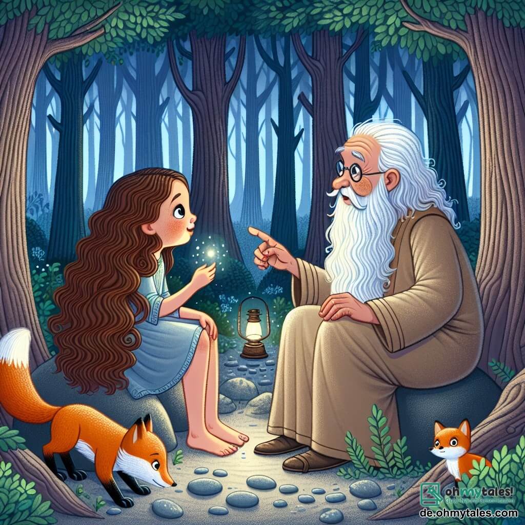 Une illustration sous forme de dessin destinée aux enfants représentant une clairière enchantée au cœur d'un grand et mystérieux bois, où une fille de 11 ans, aux longs cheveux bruns bouclés et aux yeux pétillants de curiosité, s'assoit sur un rocher en écoutant attentivement un vieux sage à la barbe blanche, vêtu d'une robe simple, qui lui parle avec bienveillance des secrets de la nature, tandis qu'un petit renard aux yeux brillants les observe avec intérêt, capturant l'instant magique où la jeune fille apprend à surmonter ses peurs et à découvrir la beauté des petites choses de la vie.