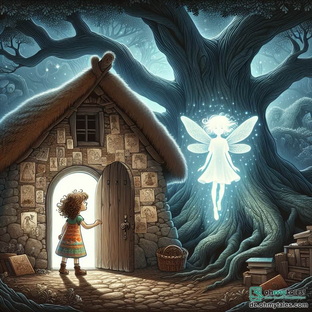 Une illustration sous forme de dessin destinée aux enfants représentant une ancienne et mystérieuse hutte perchée dans une grande chêne, avec une petite fille de 7 ans aux cheveux bouclés et bruns, portant une robe colorée et un regard curieux, qui se tient devant la porte entrouverte de la hutte, tandis qu'une silhouette éthérée, à l'apparence translucide et lumineuse, flotte à l'intérieur, l'invitant à entrer, entourée de livres anciens et de dessins de créatures magiques sur les murs, évoquant une atmosphère à la fois intrigante et légèrement effrayante.