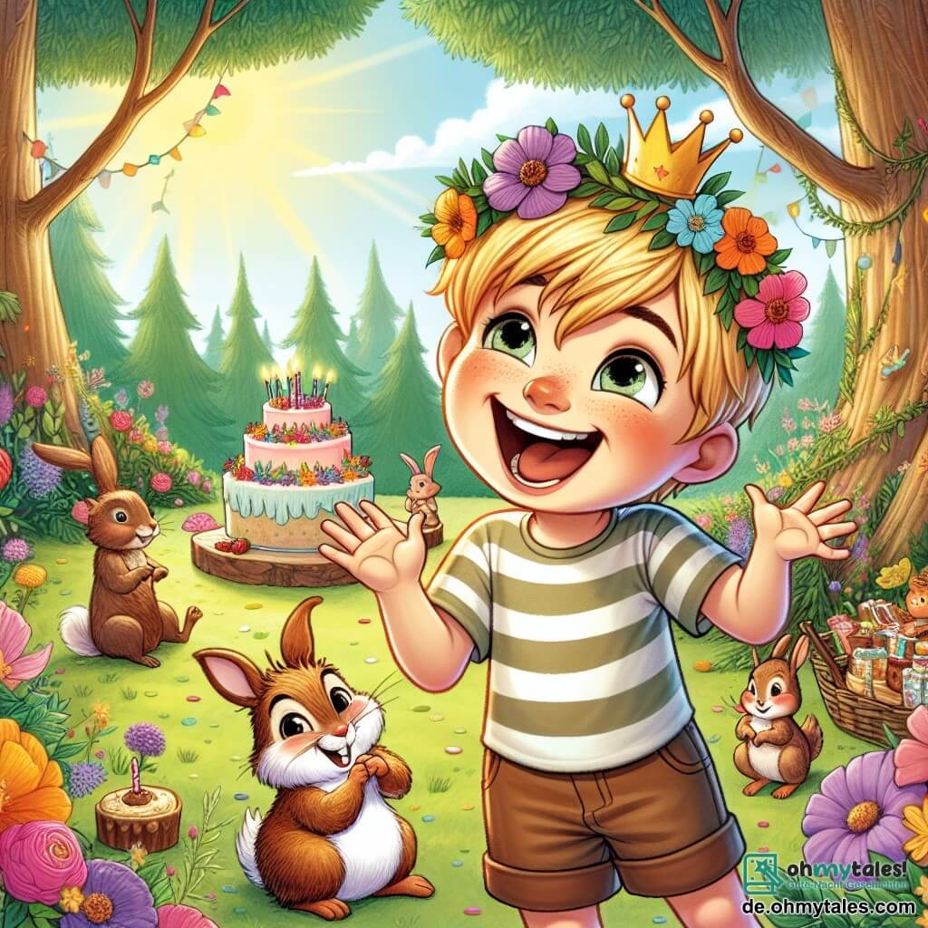 Une illustration sous forme de dessin destinée aux enfants représentant un jardin enchanté rempli de fleurs colorées et de grands arbres, où un garçon de 7 ans aux cheveux blonds et aux yeux pétillants, portant un t-shirt rayé et un short, rit joyeusement en portant une couronne de fleurs, tandis qu'un petit lapin avec un chapeau de fête et un écureuil au pelage brun l'observent avec des sourires malicieux, tous réunis pour célébrer un anniversaire magique avec un festin de gâteaux et de friandises sous un ciel ensoleillé.