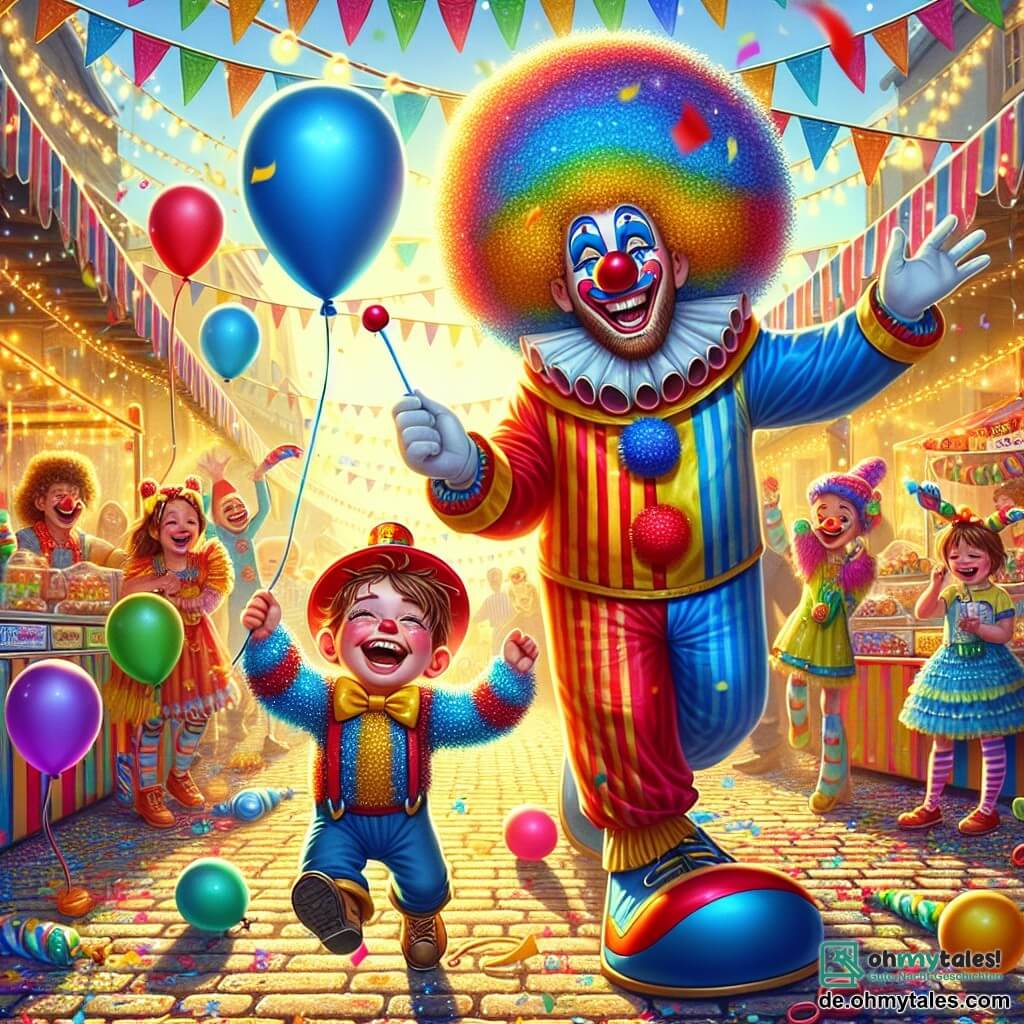 Illustration einer lebhaften Karnevalsszene in einer bunten Straße, geschmückt mit funkelnden Girlanden und schwebenden, bunten Ballons. Im Vordergrund ein etwa einjähriger Junge mit zerzausten braunen Haaren und einem breiten Lächeln, der ein rotes, blaues und gelbes Kostüm trägt, das in der Sonne glänzt. Er hält einen blauen Ballon in seiner kleinen Hand und tanzt fröhlich auf dem Kopfsteinpflaster. Neben ihm ein fröhlicher Clown, etwa 30 Jahre alt, mit einer großen, bunten Perücke und einer leuchtend roten Nase, der Grimassen schneidet und mit Ballons jongliert. Er trägt ein bunt gestreiftes Kostüm und übergroße Schuhe, die sein komisches Aussehen unterstreichen. Die Szene zeigt den Jungen und den Clown, die zusammen lachen, umgeben von Konfetti, das vom Himmel fällt, während andere Kinder in bunten Kostümen im Hintergrund tanzen und Spaß haben. Stände mit Süßigkeiten und festliche Dekorationen runden die fröhliche Atmosphäre des Karnevals ab.