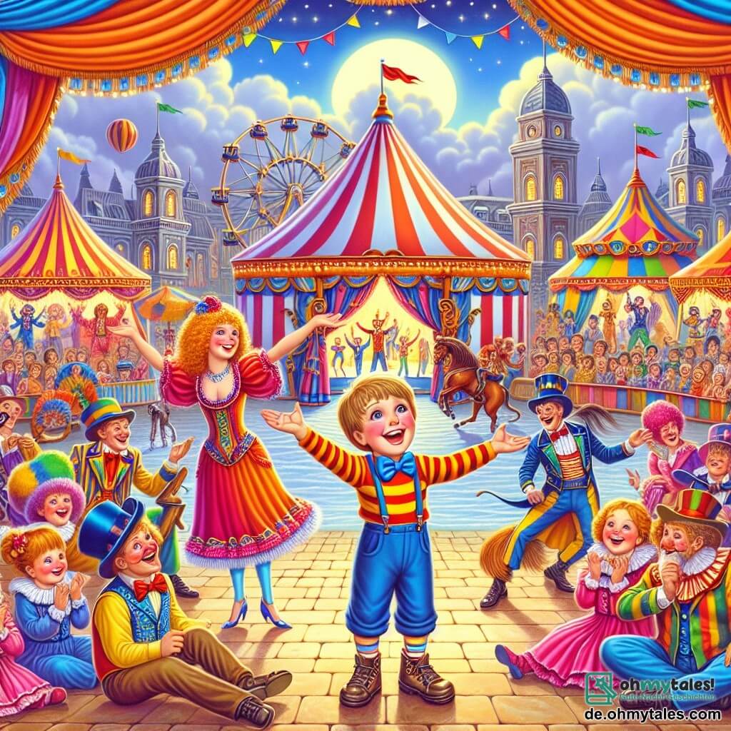 Une illustration destinée aux enfants représentant un garçon enthousiaste assistant à un spectacle de cirque, accompagné d'une clownsdame joyeuse, entouré de tentes colorées et d'artistes talentueux, sur le pittoresque et animé Zirkusplatz de la ville de Frohsinn.