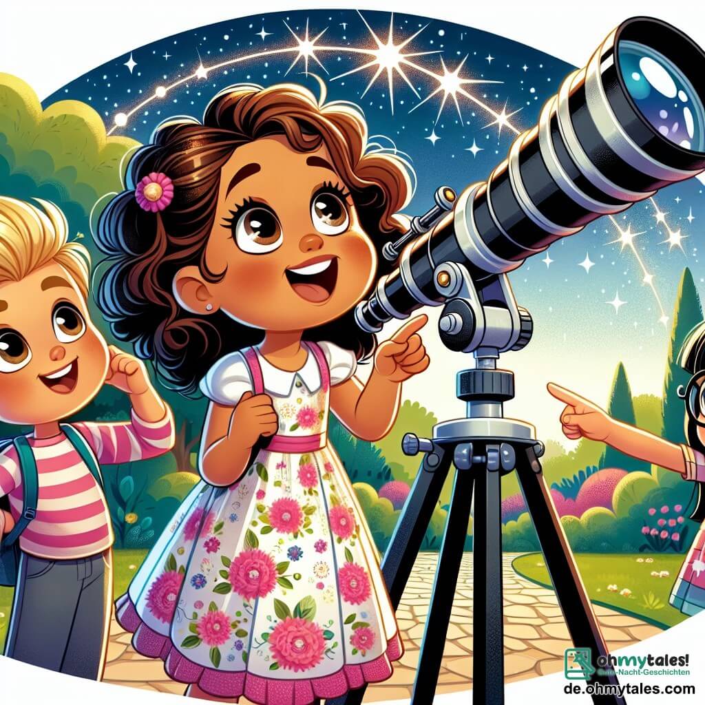Une illustration sous forme de dessin destinée aux enfants représentant un parc lumineux et coloré, où une petite fille de 5 ans aux cheveux bouclés et bruns, portant une robe à fleurs, regarde émerveillée à travers un grand télescope, tandis qu'à ses côtés, deux autres enfants, un garçon aux cheveux blonds et une fille aux cheveux raides et noirs, s'extasient en pointant vers le ciel étoilé, où un mystérieux signal lumineux scintille, symbolisant leur quête d'aventure et de découverte d'extraterrestres.