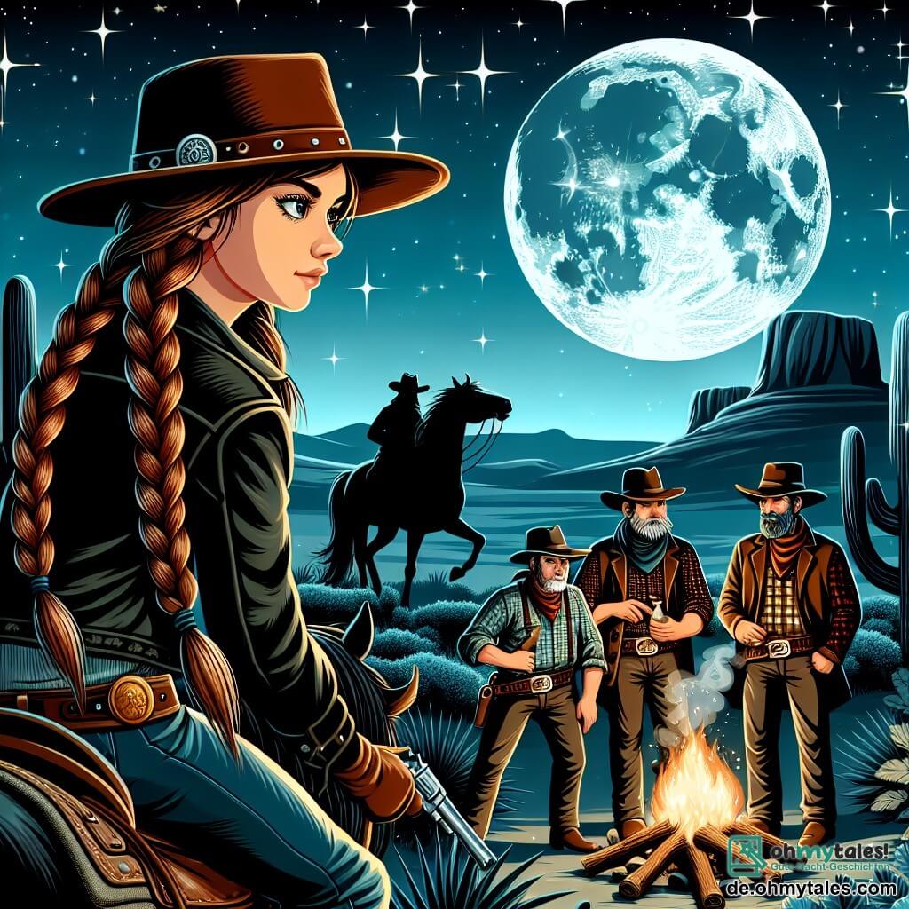 Illustration einer nächtlichen Szene in den weiten Prärien des Wilden Westens, wo der Mond die Landschaft mit seinen silbernen Strahlen erhellt. Im Vordergrund sitzt eine junge Cowgirl mit langen, geflochtenen kastanienbraunen Haaren, die einen Cowboyhut und eine Lederjacke trägt, auf ihrem schwarzen Pferd und schaut entschlossen auf ein Lager von Dieben in der Ferne. Im Hintergrund steht eine Gruppe von drei mittelalten Männern in karierten Hemden und Cowboyhüten um ein Lagerfeuer und diskutiert mit schelmischen Lächeln. Einer von ihnen, mit einem roten Bart, hält eine Flasche in der Hand, während ein anderer mit schwarzen Haaren eine Karte untersucht. Die Hauptsituation zeigt die Cowgirl, bereit zu handeln, während sie die Diebe beobachtet, die planen, mit gestohlenen Tieren zu fliehen. Funkelnde Sterne erhellen den Himmel, und Silhouetten von Kakteen heben sich am Horizont ab und verleihen dieser Abenteuerszene eine mysteriöse Note.