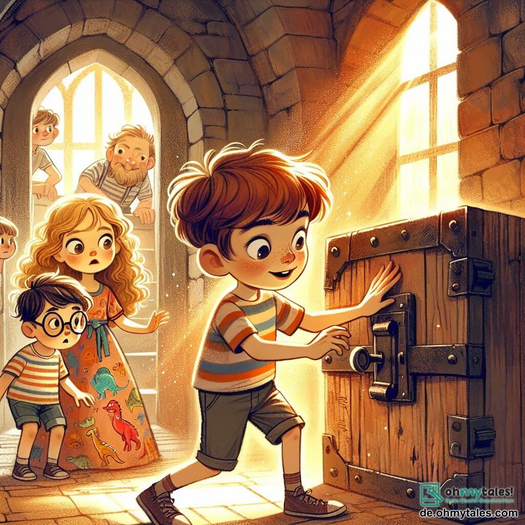 Une illustration sous forme de dessin destinée aux enfants représentant une scène dans un vieux manoir mystérieux, avec un garçon de 11 ans aux cheveux châtains et aux yeux pétillants, portant un t-shirt rayé et un short, qui ouvre une vieille trappe en bois avec curiosité, tandis qu'à ses côtés, une fille aux cheveux blonds et bouclés, vêtue d'une robe colorée, observe avec émerveillement, et un garçon aux lunettes rondes et aux cheveux bruns, vêtu d'un t-shirt à motifs de dinosaures, regarde autour avec une expression d'inquiétude, le tout baigné dans une lumière dorée filtrant à travers les fenêtres poussiéreuses, évoquant un sentiment d'aventure et de mystère.