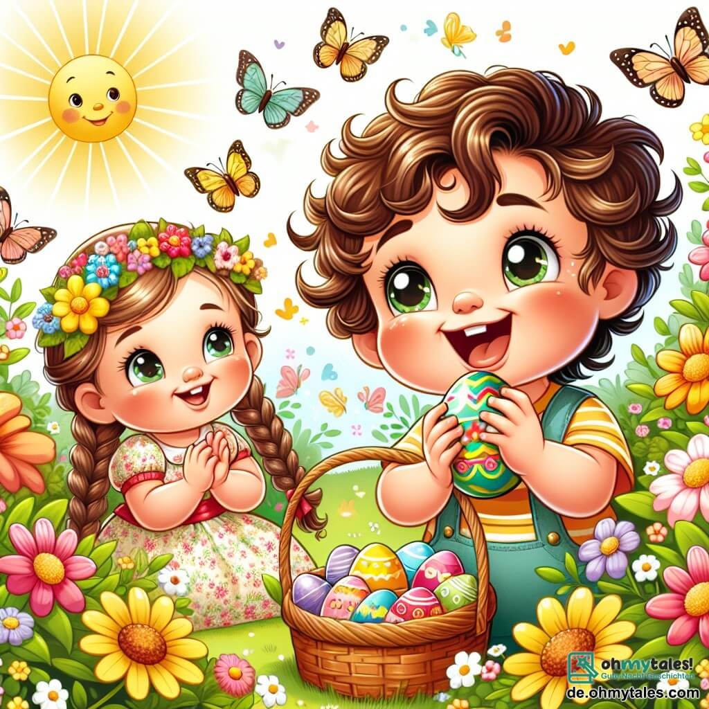 Une illustration sous forme de dessin destinée aux enfants représentant un jardin ensoleillé rempli de fleurs colorées, avec un petit garçon de 1 an aux cheveux bouclés et aux yeux pétillants, qui clappe des mains avec un grand sourire en découvrant un œuf de Pâques brillant, tandis qu'une petite fille aux cheveux longs et tressés, portant une robe à fleurs, l'observe avec émerveillement, tous deux entourés de papillons virevoltant et d'un panier rempli de chocolats, capturant la magie et la joie de la chasse aux œufs de Pâques.
