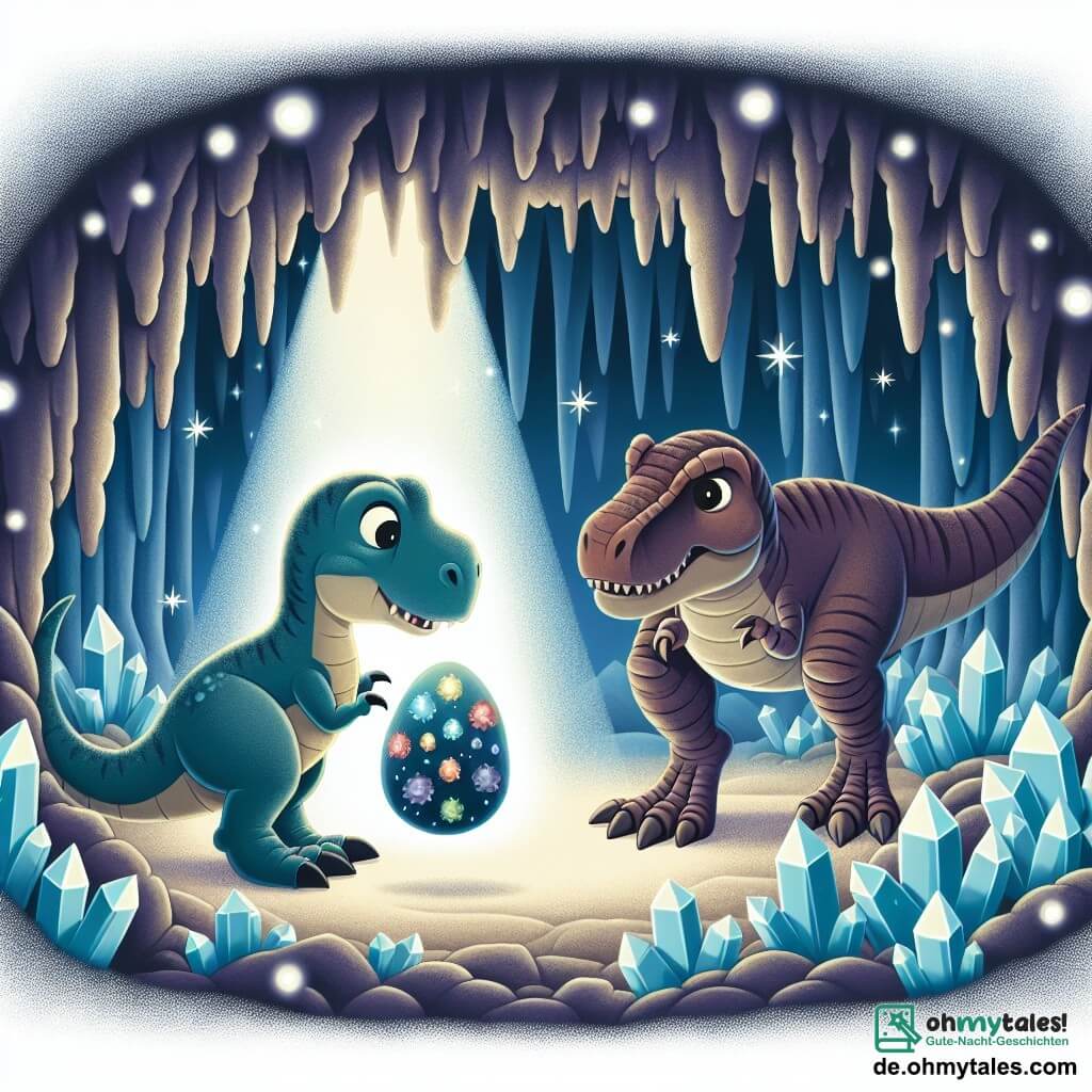Une illustration destinée aux enfants représentant un petit Tyrannosaure Rex, un garçon, découvrant un mystérieux œuf coloré avec un Parasaurolophus, un garçon, à ses côtés, dans une grande et sombre grotte ornée de cristaux scintillants.