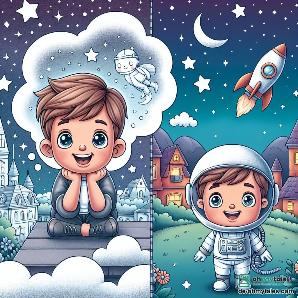 Une illustration destinée aux enfants représentant un petit garçon rêveur, un astronaute souriant, et une ville pittoresque nommée Mäusehausen, où une fusée décolle vers le ciel étoilé.