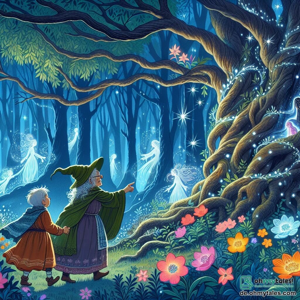 Une illustration destinée aux enfants représentant un jeune sorcier courageux, accompagné de sa grand-mère sorcière bienveillante, explorant le mystérieux Silberwald aux arbres gigantesques entrelacés de lianes lumineuses et de fleurs phosphorescentes, où des esprits colorés dansent parmi les rayons de lune argentée.