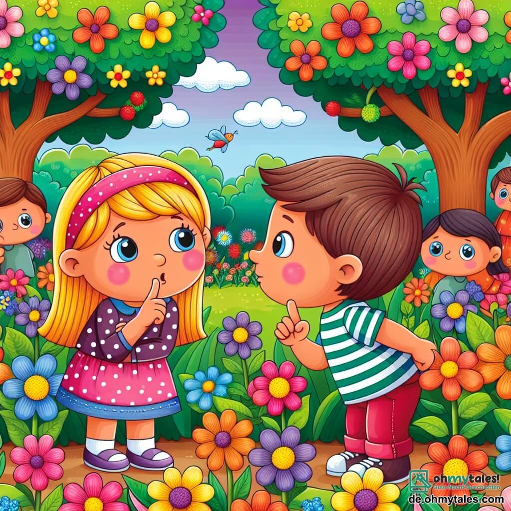 Une illustration destinée aux enfants représentant une fillette, un garçon, un parc coloré avec des fleurs et des arbres, et une situation où la fillette doit avouer un mensonge à son ami.
