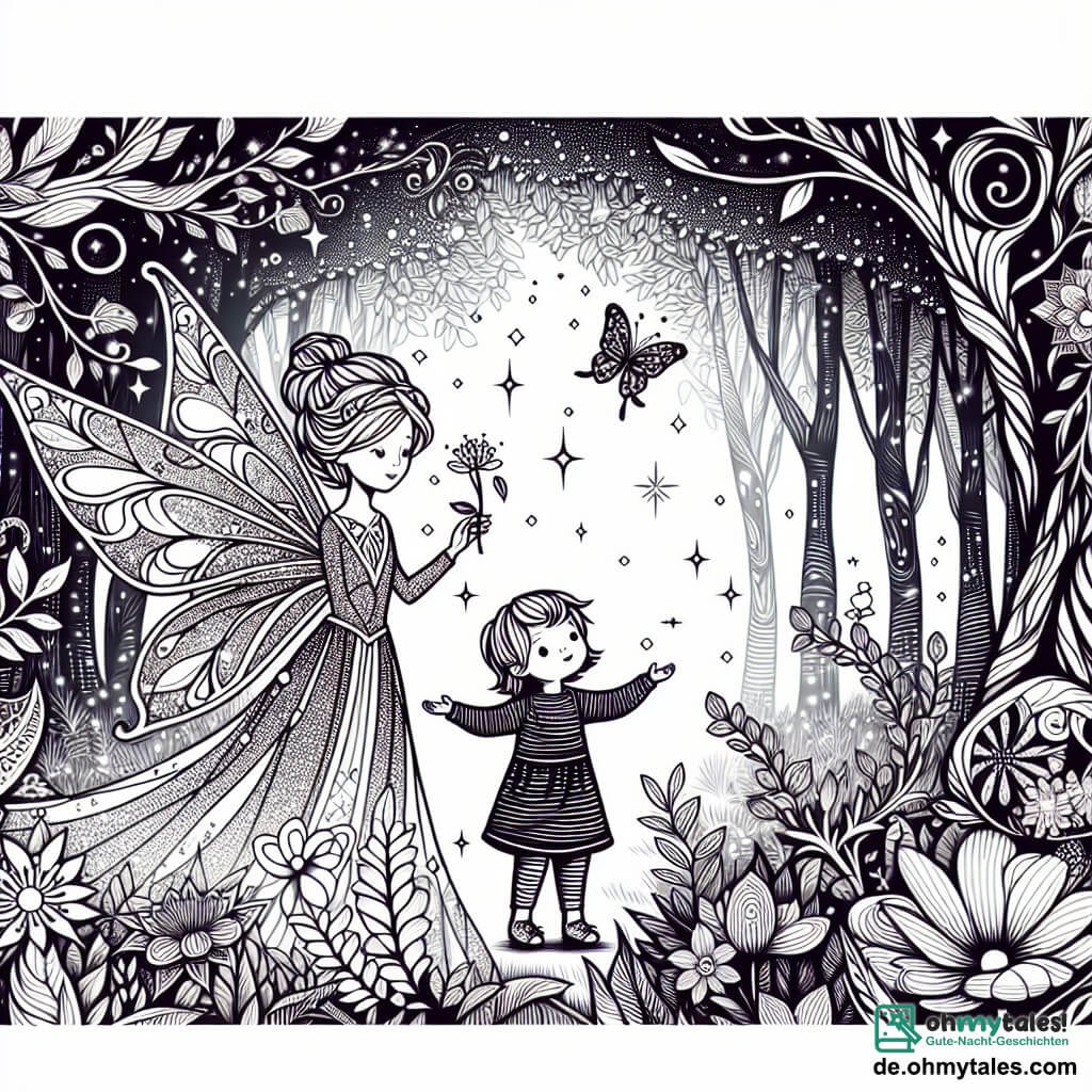Une illustration destinée aux enfants représentant une magnifique fée aux ailes chatoyantes, accompagnée d'une petite fille curieuse, dans un bois enchanté où les arbres dansent et les fleurs chantent.