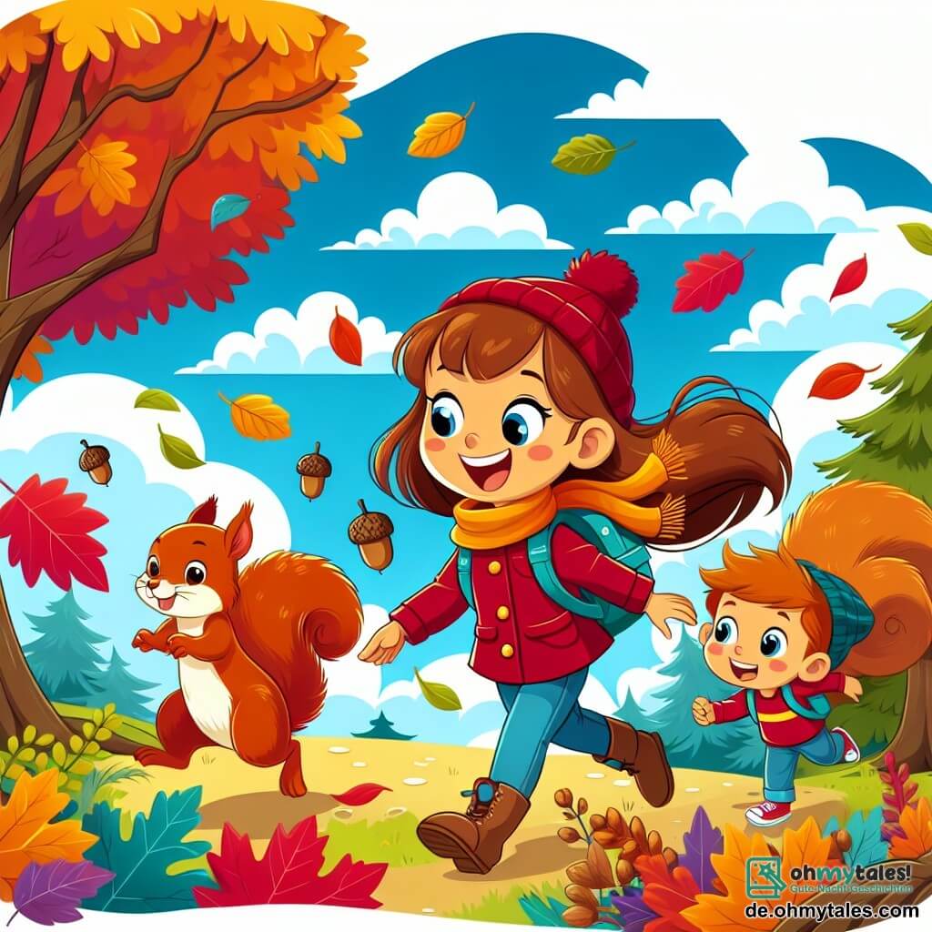 Une illustration destinée aux enfants représentant une jeune fille joyeuse explorant un parc automnal avec ses amis, croisant un espiègle écureuil roux, dans un décor de feuilles multicolores tourbillonnant autour d'eux, avec des arbres aux branches chargées de glands et de pommes de pin, sous un ciel d'un bleu profond parsemé de nuages blancs cotonneux.