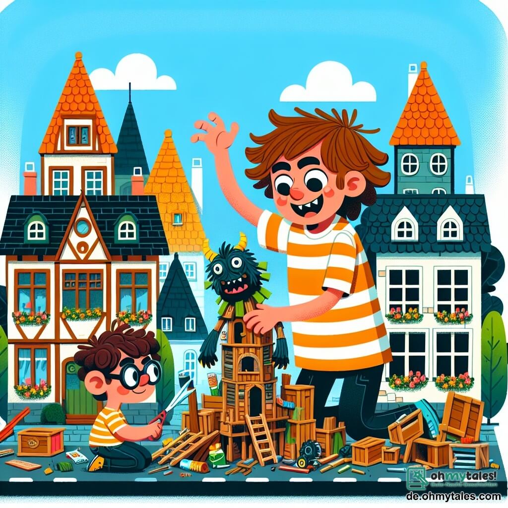 Une illustration sous forme de dessin destinée aux enfants représentant un petit village coloré avec des maisons aux toits en pente et des jardins fleuris, où un garçon de 11 ans aux cheveux châtains en bataille et portant un t-shirt rayé est en train de construire un immense monstre fait de matériaux recyclés, tandis que son ami, un garçon aux lunettes et aux cheveux bouclés, l'encourage avec un grand sourire, le tout dans une ambiance joyeuse et créative, illustrant le défi de créer quelque chose d'unique à partir de rien.
