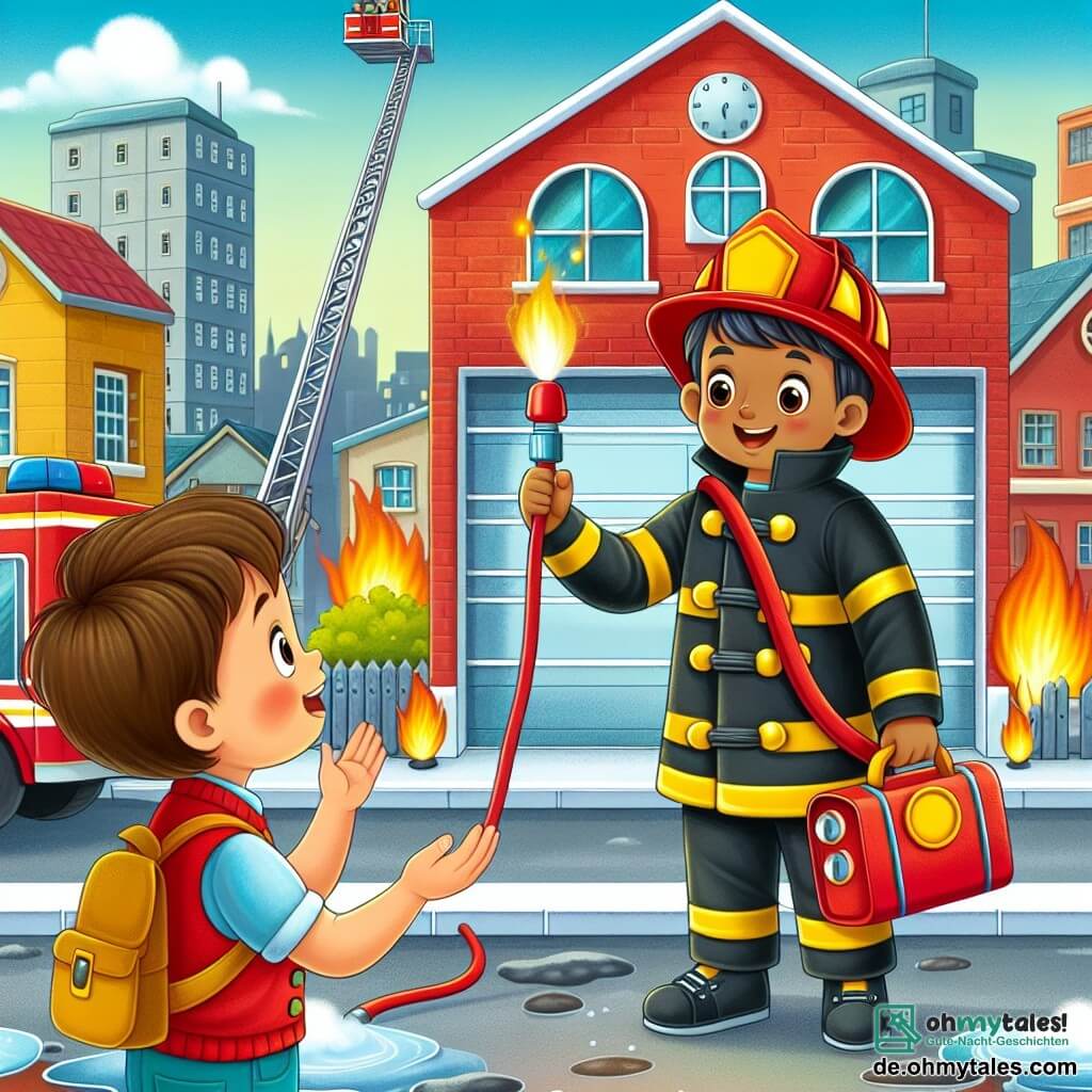 Une illustration destinée aux enfants représentant un jeune garçon fasciné par un pompier héroïque en train de lutter contre un incendie, avec en arrière-plan une grande caserne de pompiers rouge vif et une échelle télescopique brillante, au cœur d'une petite ville animée.