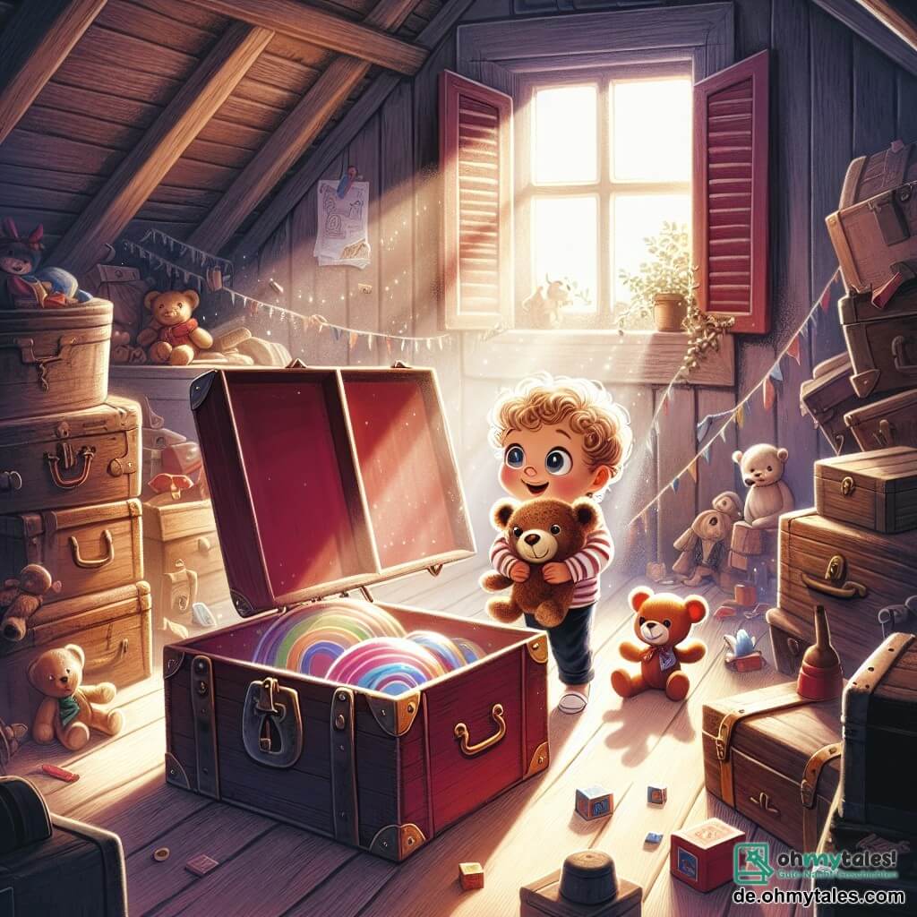 Illustration eines alten, staubigen Dachbodens, gefüllt mit alten Koffern und vergessenen Spielzeugen. Das Licht strömt durch ein kleines Fenster und erzeugt tanzende Schatten auf dem Holzboden. In der Mitte der Szene steht ein einjähriges Mädchen mit großen, neugierigen Augen und lockigem Haar, das einen Teddybär in den Armen hält. Sie lächelt erstaunt, als sie eine große rote Kiste entdeckt, die vor ihr geöffnet ist und einen wunderschönen bunten Ballon darin zeigt. Neben ihr scheint ein freundlicher Teddybär sie in ihrer Entdeckungsreise zu ermutigen. Die Atmosphäre ist voller Abenteuer und Magie, mit verstreuten Spielzeugen wie Holzklötzen und Puppen, die dieser fröhlichen Szene einen Hauch von Nostalgie verleihen.