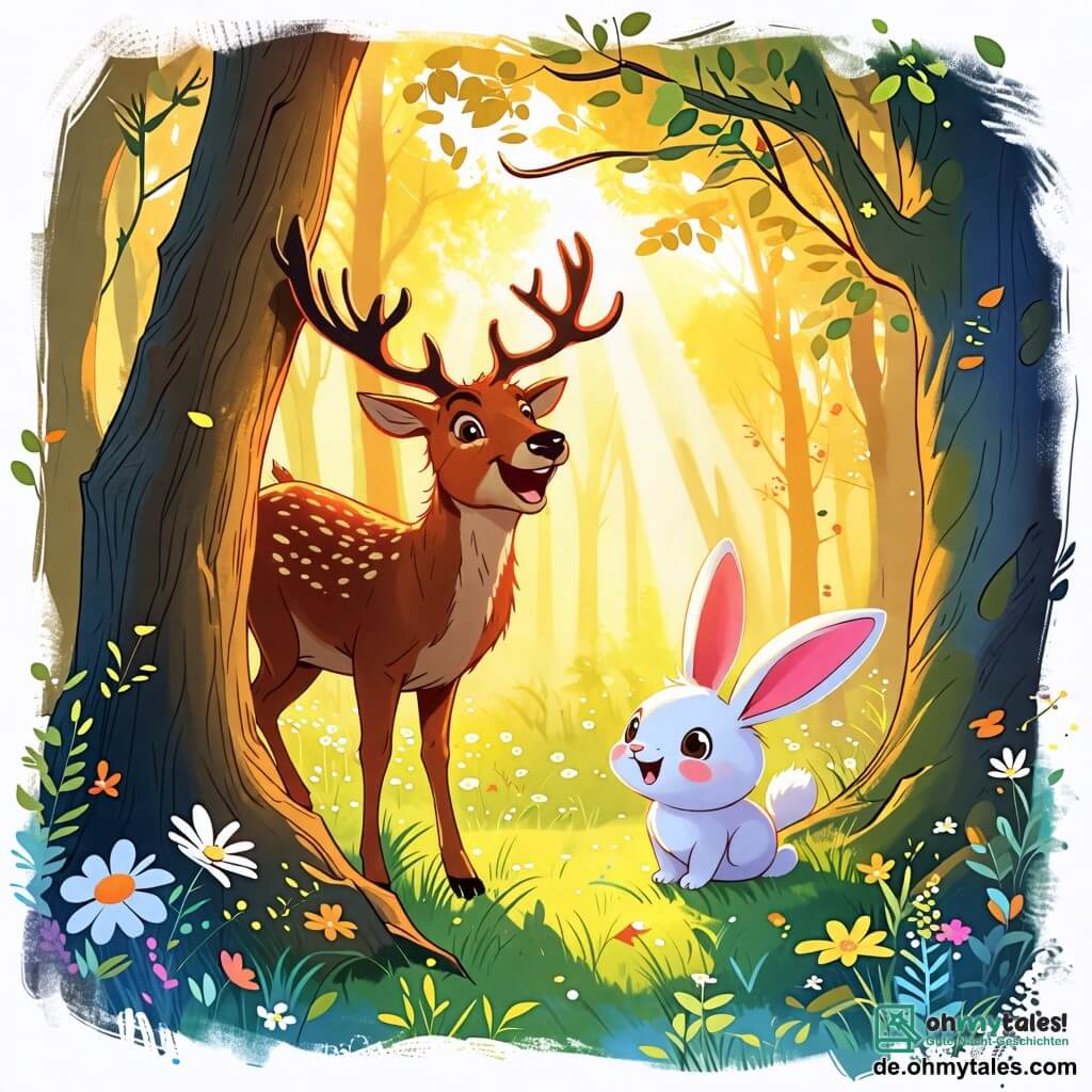 Une illustration sous forme de dessin destinée aux enfants représentant un lumineux et coloré forêt enchantée, avec un renne au pelage brun et des bois majestueux, riant joyeusement derrière un grand Baum, tandis qu'un petit, espiègle lapin aux grandes oreilles et au pelage blanc s'apprête à se cacher, le tout baigné dans une douce lumière dorée, capturant l'esprit ludique et amical de leur jeu de cache-cache.