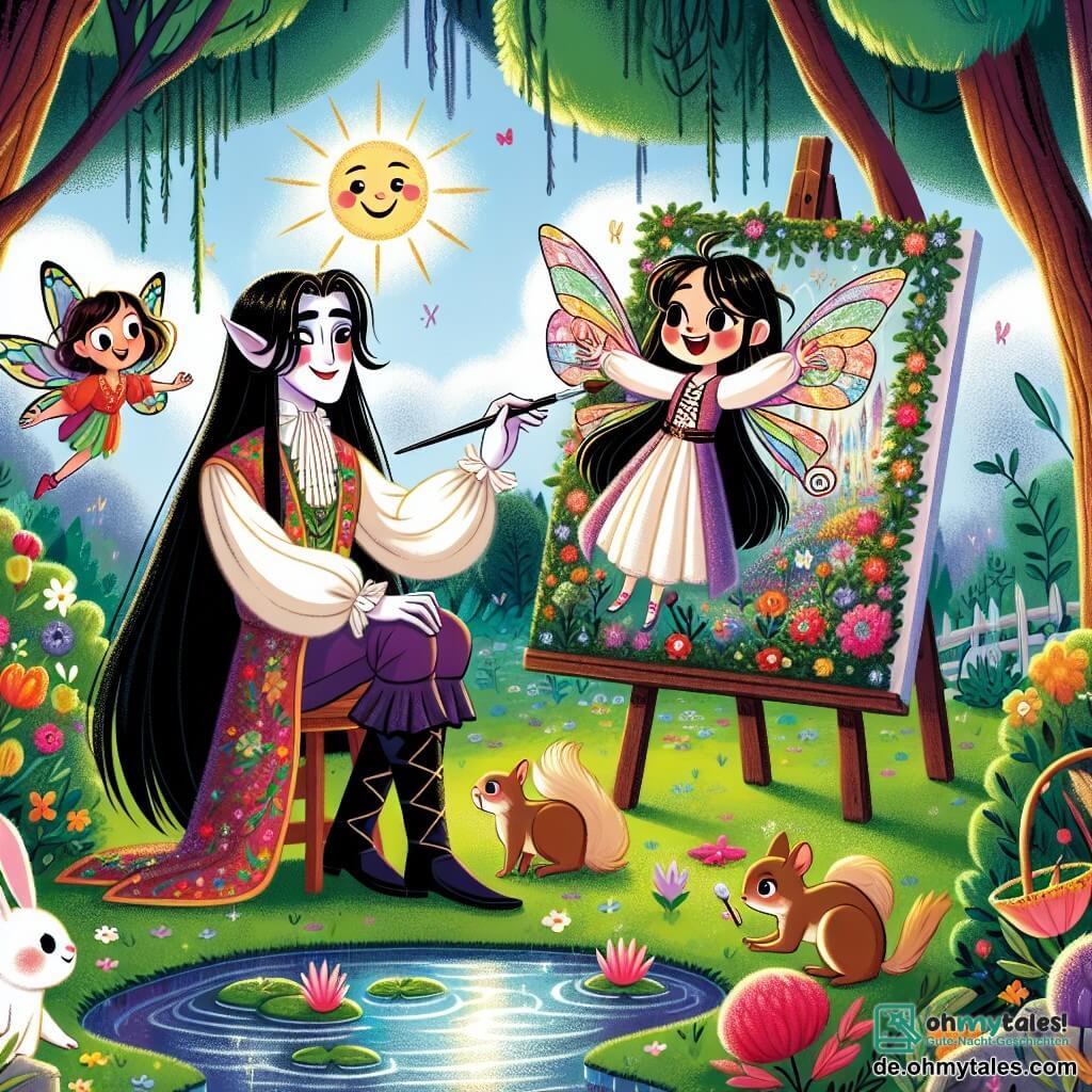 Une illustration sous forme de dessin destinée aux enfants représentant un jardin magique rempli de fleurs colorées et d'un scintillant petit étang, où un jeune vampire aux longs cheveux noirs et à la peau pâle, vêtu d'une tunique colorée, est assis en train de peindre des paysages enchanteurs sur une toile, tandis qu'une petite fée aux ailes iridescentes, flottant à ses côtés, l'observe avec un sourire joyeux, et des animaux du bois, comme des lapins et des écureuils, s'approchent curieusement pour admirer son art, capturant ainsi l'instant où l'amitié et la créativité s'épanouissent dans un monde fantastique.