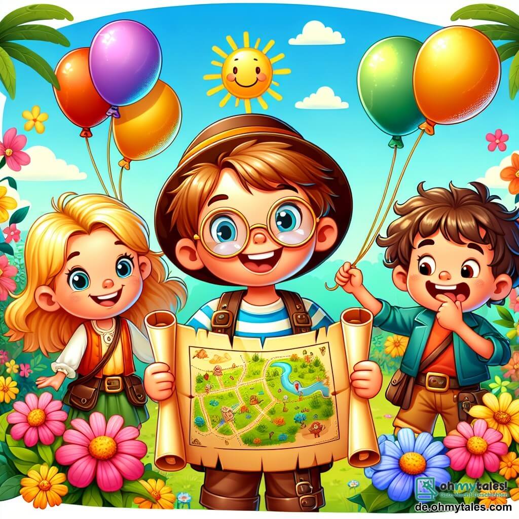 Une illustration sous forme de dessin destinée aux enfants représentant un jardin secret ensoleillé, rempli de fleurs colorées et de ballons flottants, où un garçon de 11 ans aux cheveux châtains et aux lunettes rondes, souriant et plein d'énergie, tient une grande carte au trésor, tandis qu'une fille courageuse aux cheveux longs et blonds, vêtue d'une tenue d'aventurière, l'encourage avec enthousiasme, et un autre garçon aux cheveux bouclés et rieurs, en train de faire une grimace comique, les observe en riant, tous trois prêts à partir à la recherche d'un trésor caché lors d'une joyeuse chasse aux indices.