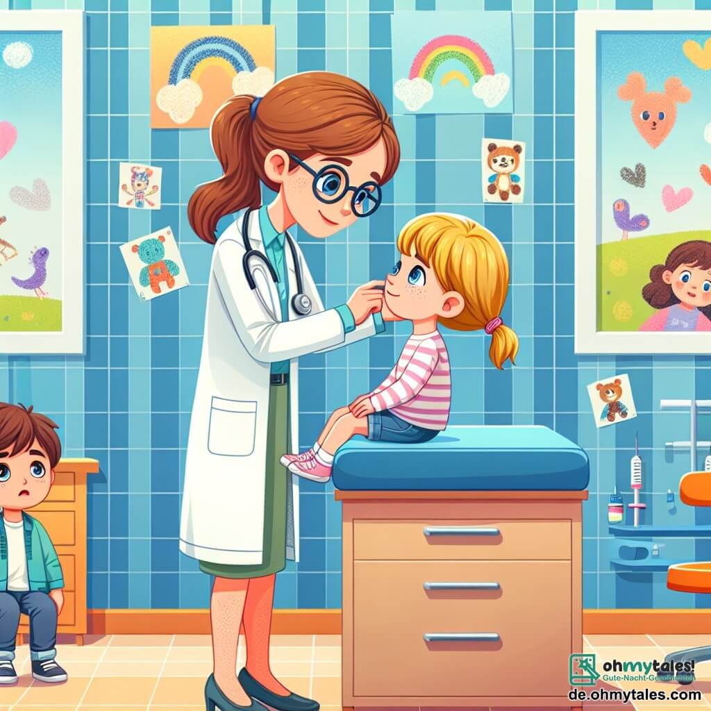 Une illustration sous forme de dessin destinée aux enfants représentant une clinique colorée et accueillante, avec des murs ornés de dessins d'enfants, où une femme médecin aux cheveux châtains et aux lunettes souriantes examine une petite fille aux cheveux blonds et aux yeux pétillants, assise sur une table d'examen, tandis qu'un jeune garçon aux cheveux bruns, inquiet, observe la scène depuis un coin, le tout dans une ambiance chaleureuse et rassurante, illustrant le moment où la médecin rassure ses jeunes patients tout en leur offrant des soins.
