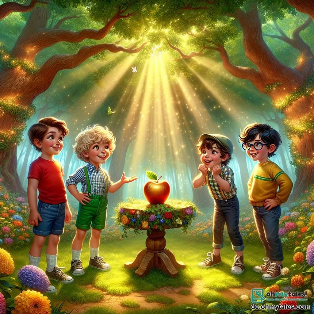 Illustration einer magischen Szene in einem verwunschenen Wald, wo große Bäume mit dicken Stämmen in den Himmel ragen, deren leuchtend grüne Blätter das Sonnenlicht in sanfte goldene Strahlen filtern. In der Mitte eine lichtdurchflutete Lichtung mit bunten Blumen und einem kleinen Holztisch, auf dem ein glänzender und wunderschöner goldener Apfel liegt. In dieser Szene stehen vier Jungen im Alter von etwa fünf Jahren vor dem Tisch. Der erste Junge mit braunen Haaren und funkelnden Augen trägt ein rotes T-Shirt und eine blaue Shorts und lächelt begeistert. Der zweite Junge mit lockigen blonden Haaren trägt ein kariertes Hemd und grüne Hosen und hebt die Arme in die Luft, um seine Freude auszudrücken. Der dritte Junge mit braunen Haaren und einer Brille trägt ein gelbes T-Shirt und schwarze Shorts und sieht nachdenklich aus, als würde er über eine Herausforderung nachdenken. Schließlich lacht der vierte Junge mit schwarzen Haaren und einer Mütze, die Hände in die Hüften gestützt. Die Hauptsituation zeigt die Jungen, die Rätsel lösen, um den goldenen Apfel zu erhalten, während eine große weiße Wolke über ihnen schwebt, die amüsiert aussieht und bereit zu lachen scheint. Lichtblitze funkeln um sie herum und verleihen der Atmosphäre einen Hauch von Magie. Fragen- und Antwortschemata schweben umher und repräsentieren die Herausforderungen, die sie meistern müssen.