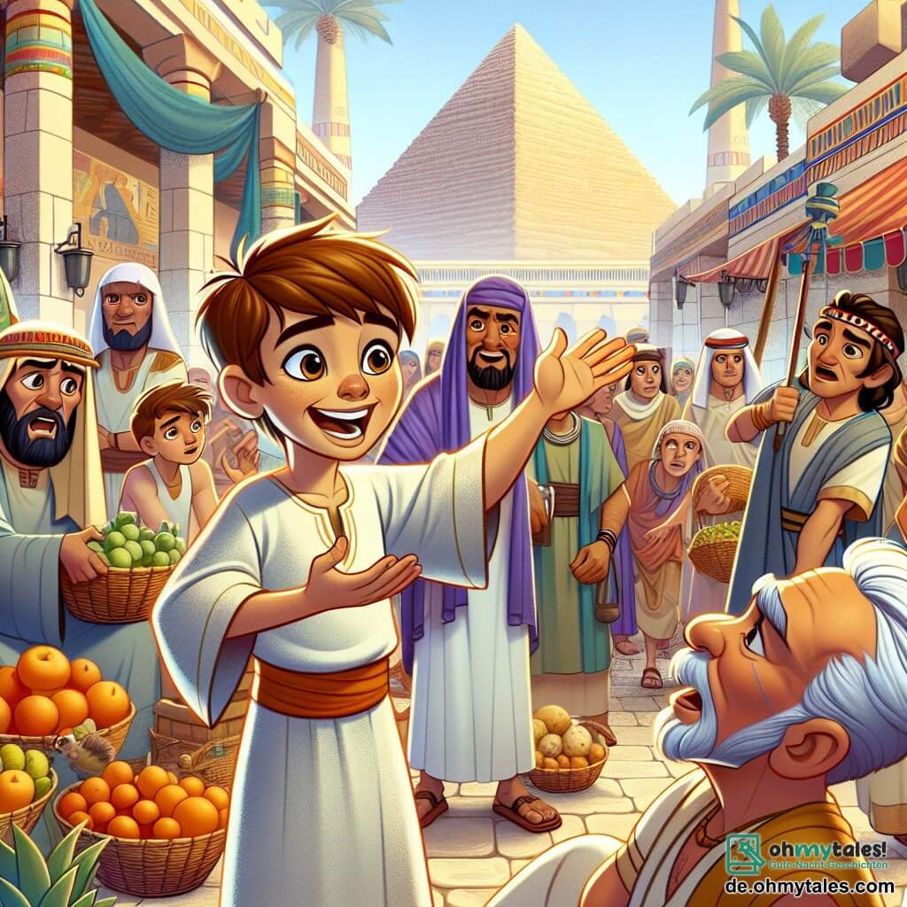 Une illustration sous forme de dessin destinée aux enfants représentant un ancien marché animé en Égypte, avec un garçon de 11 ans aux cheveux châtains et aux yeux pétillants, vêtu d'une tunique légère, qui s'exprime avec passion pour défendre un homme en détresse, entouré de villageois aux vêtements colorés, certains avec des paniers de fruits, d'autres écoutant attentivement, tandis qu'une pyramide majestueuse se dresse en arrière-plan, symbolisant le voyage dans le temps et l'importance de la solidarité.