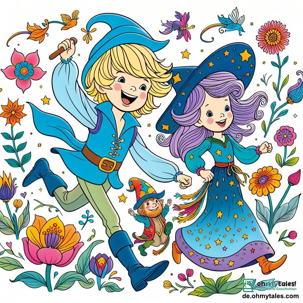 Une illustration sous forme de dessin destinée aux enfants représentant un jardin magique aux couleurs éclatantes, avec des fleurs dansantes et des arbres aux formes fantastiques, où un prince courageux aux cheveux blonds et au sourire éclatant, vêtu d'une tunique bleu ciel, court joyeusement aux côtés de sa meilleure amie, une petite sorcière aux cheveux violets et à la robe étoilée, tandis qu'un troll rond et joyeux, portant un grand chapeau rouge, les accompagne en riant, tous trois s'apprêtant à vivre une aventure hilarante pour retrouver un chapeau magique perdu.