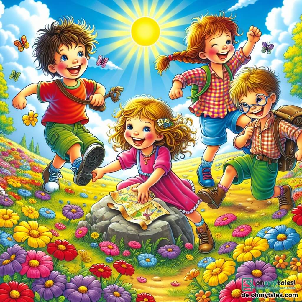 Illustration einer lebhaften Szene in einer schönen sonnigen Wiese, gefüllt mit bunten Blumen in leuchtenden Rot-, Gelb- und Violetttönen, unter einem klaren blauen Himmel mit flauschigen weißen Wolken. Im Zentrum des Bildes sind vier Kinder versammelt: ein 8-jähriger Junge mit zerzausten braunen Haaren, der ein rotes T-Shirt und eine blaue Shorts trägt und breit lächelt, während er eine Schatzkarte in den Händen hält. Neben ihm tanzt ein 7-jähriges Mädchen mit langen lockigen Haaren in einem rosa Kleid fröhlich um einen großen bunten Baum. Ein anderer 6-jähriger Junge mit Brille und grünem T-Shirt lacht, während er versucht, nicht wegen des Pollen der Blumen zu niesen. Schließlich schiebt ein 8-jähriges Mädchen mit geflochtenen blonden Haaren, gekleidet in ein kariertes Hemd, entschlossen einen großen Stein. Die Szene illustriert ihre Suche nach einem versteckten Schatz, mit einer großen Holzkiste, die mit bunten Mustern verziert und halb unter dem Stein vergraben ist und im Sonnenlicht funkelt. Bunte Schmetterlinge fliegen um sie herum und verleihen diesem fröhlichen und herausfordernden Abenteuer einen magischen Touch.